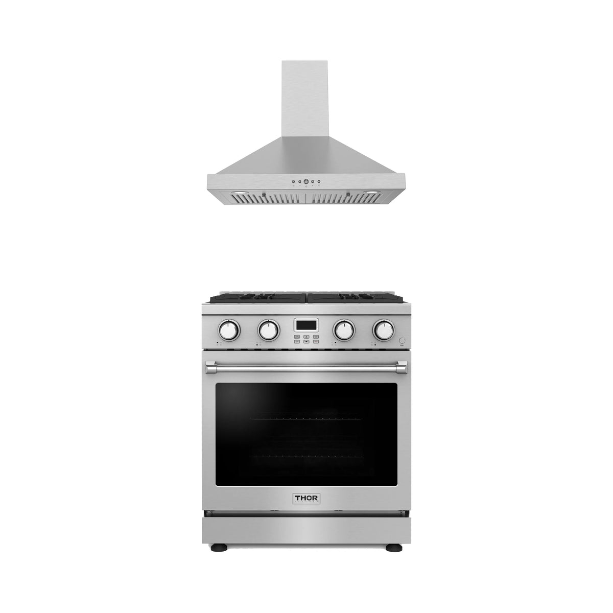 Thor Kitchen 2-Piece Appliance Package - 30-Inch Propane Gas Range & Wall Mount Hood in Stainless Steel