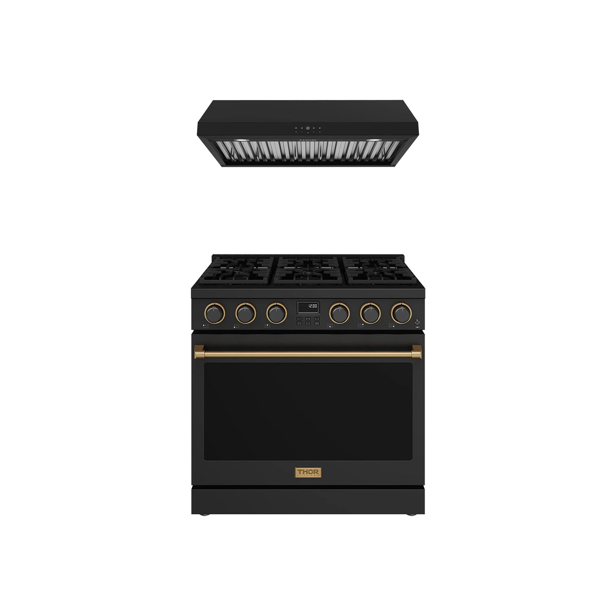Thor Kitchen 2-Piece Appliance Package - 36-Inch Natural Gas Range & Under Cabinet Hood in Black with Bronze Trim