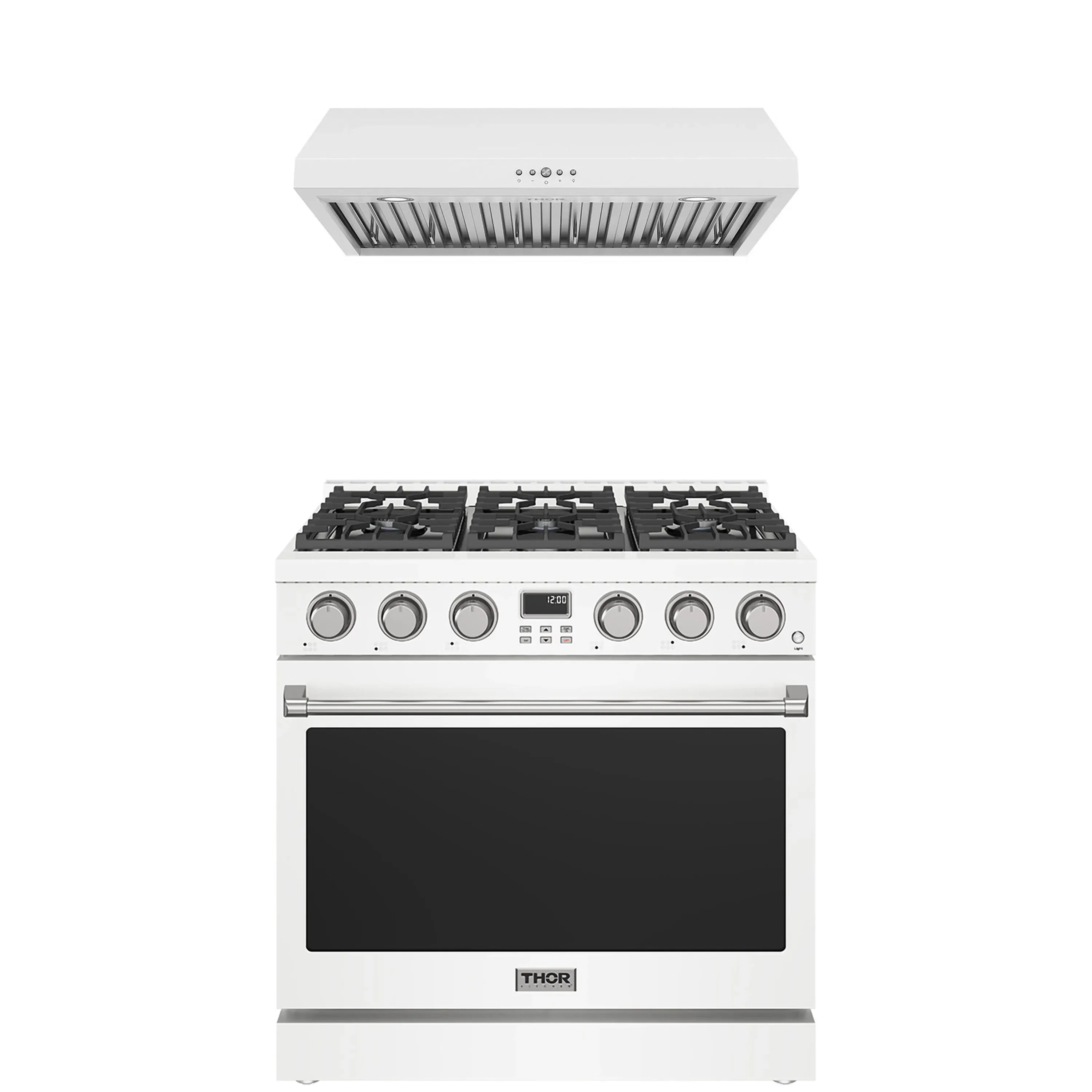 White under-cabinet range hood over white gas range, burners and control panel visible