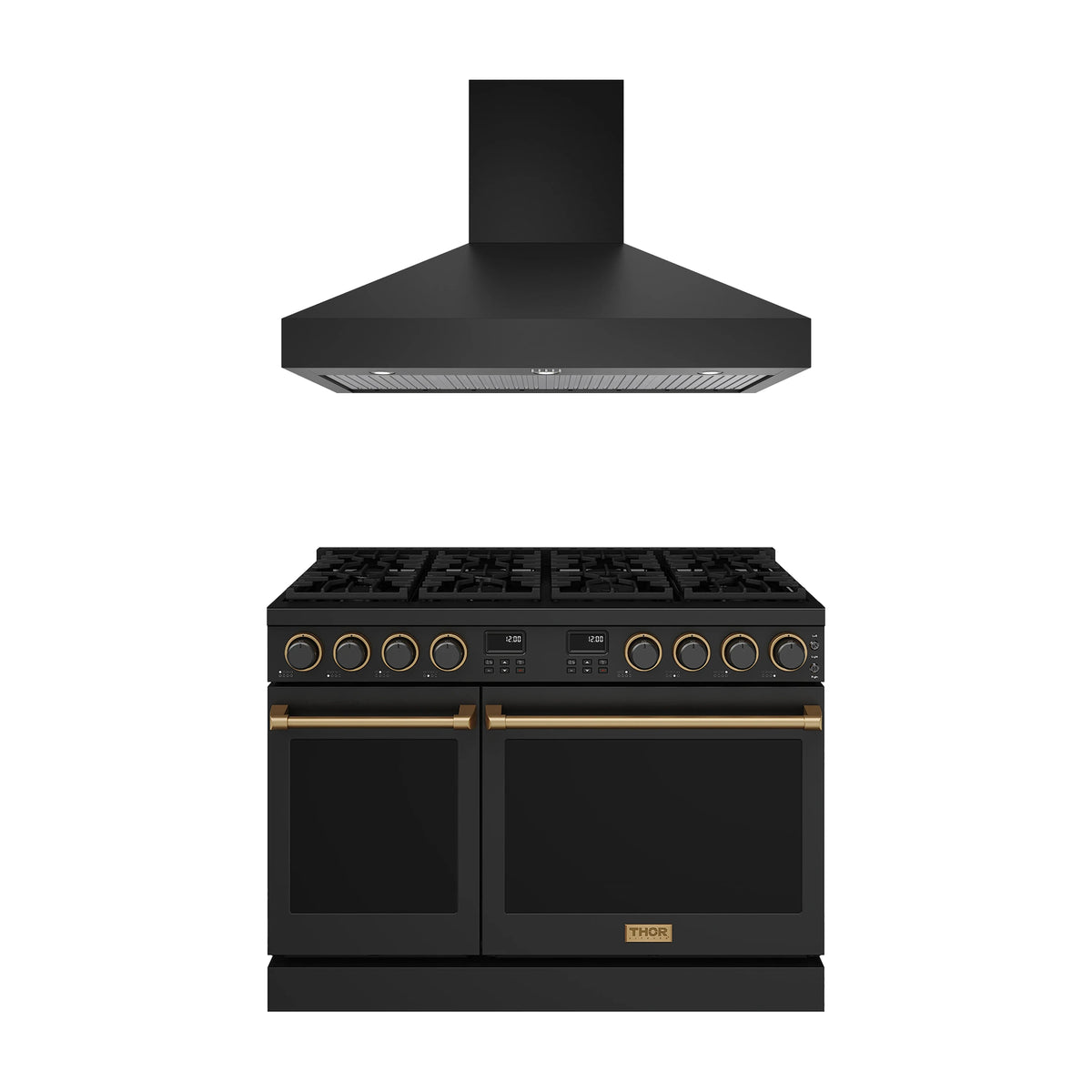 Thor Kitchen 2-Piece Appliance Package - 48-Inch Propane Gas Range & Wall Mount Hood in Black with Bronze Trim