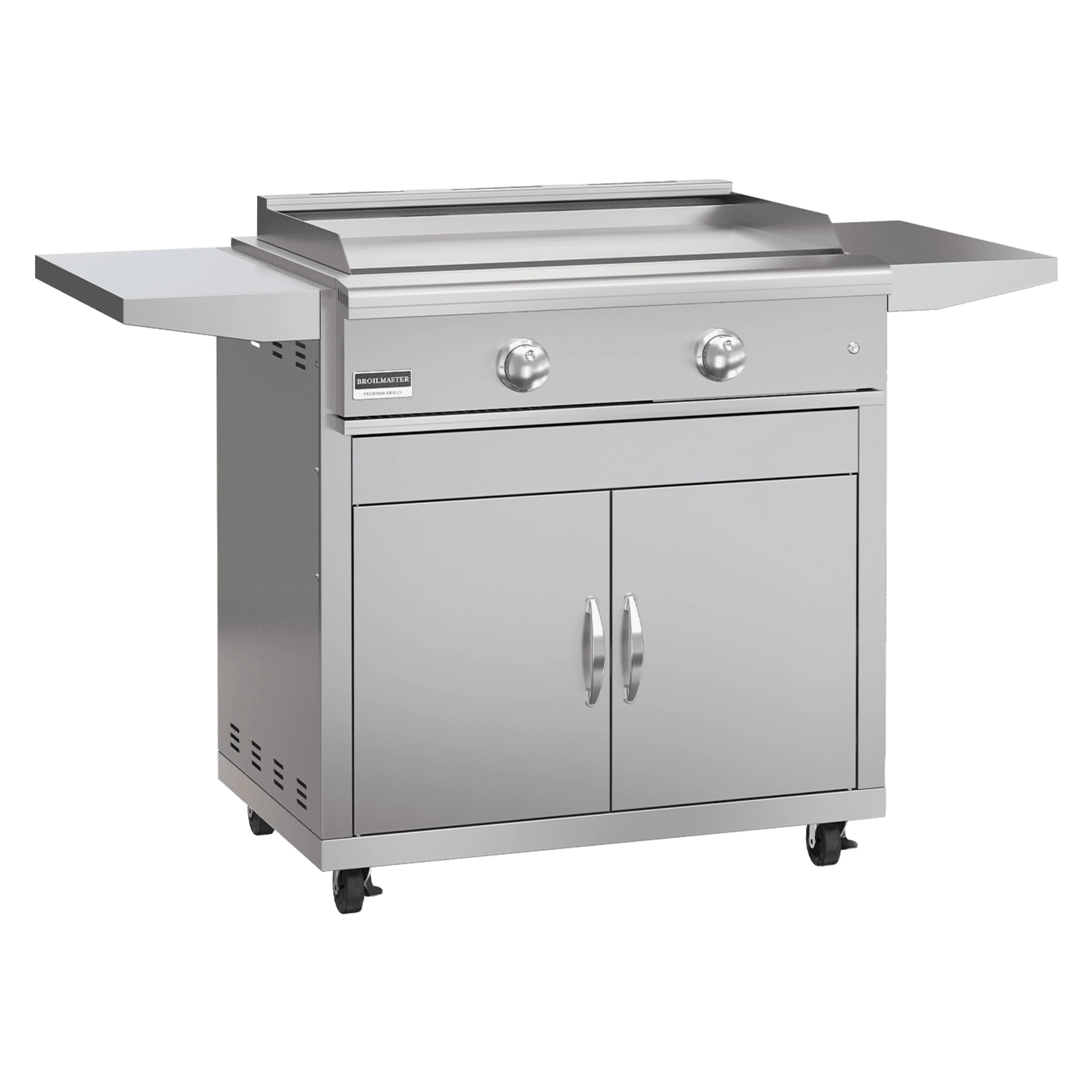 Broilmaster stainless steel 2-burner gas griddle grill cart with side shelves