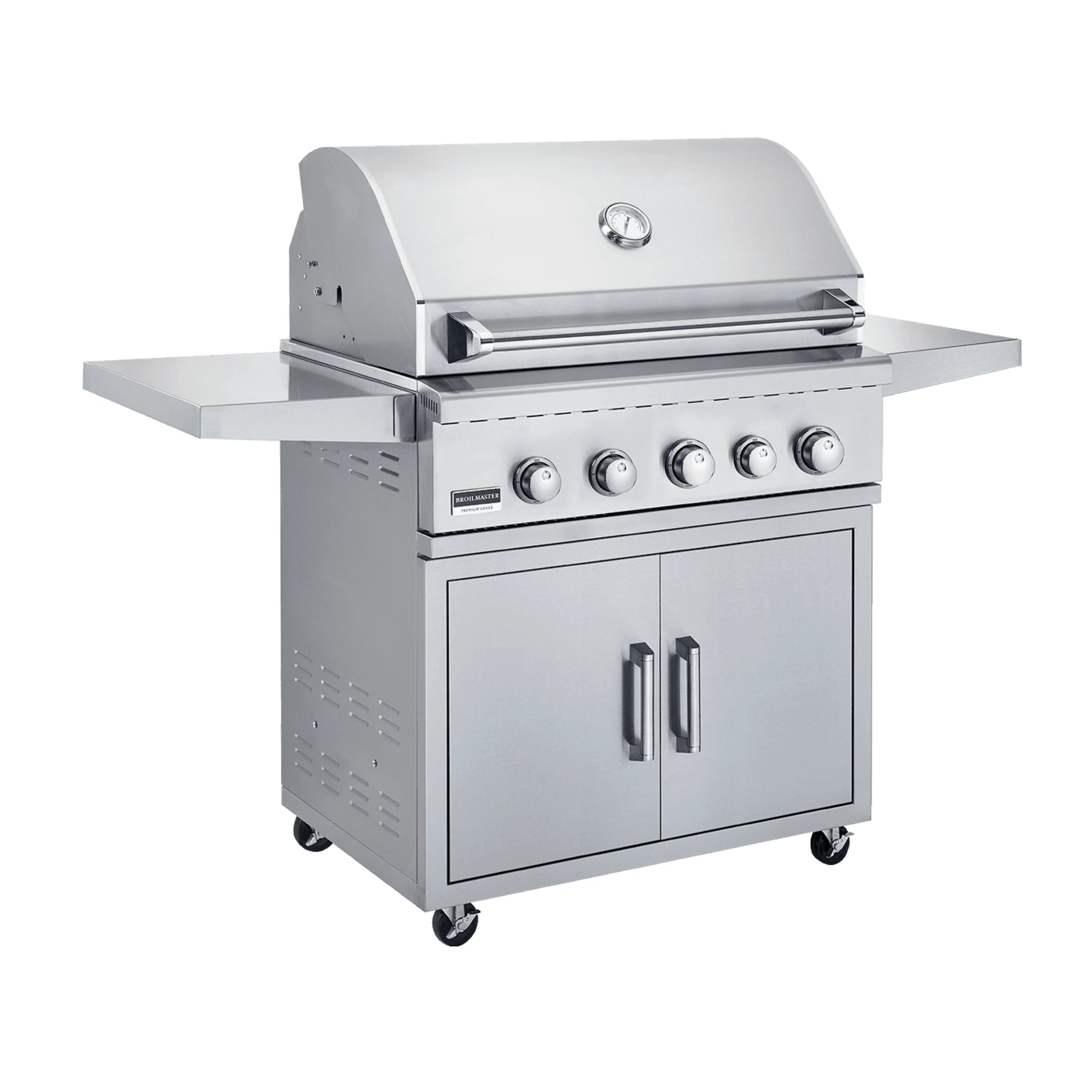 Broilmaster stainless 4-burner gas grill with lid, front control knobs, and cabinet doors