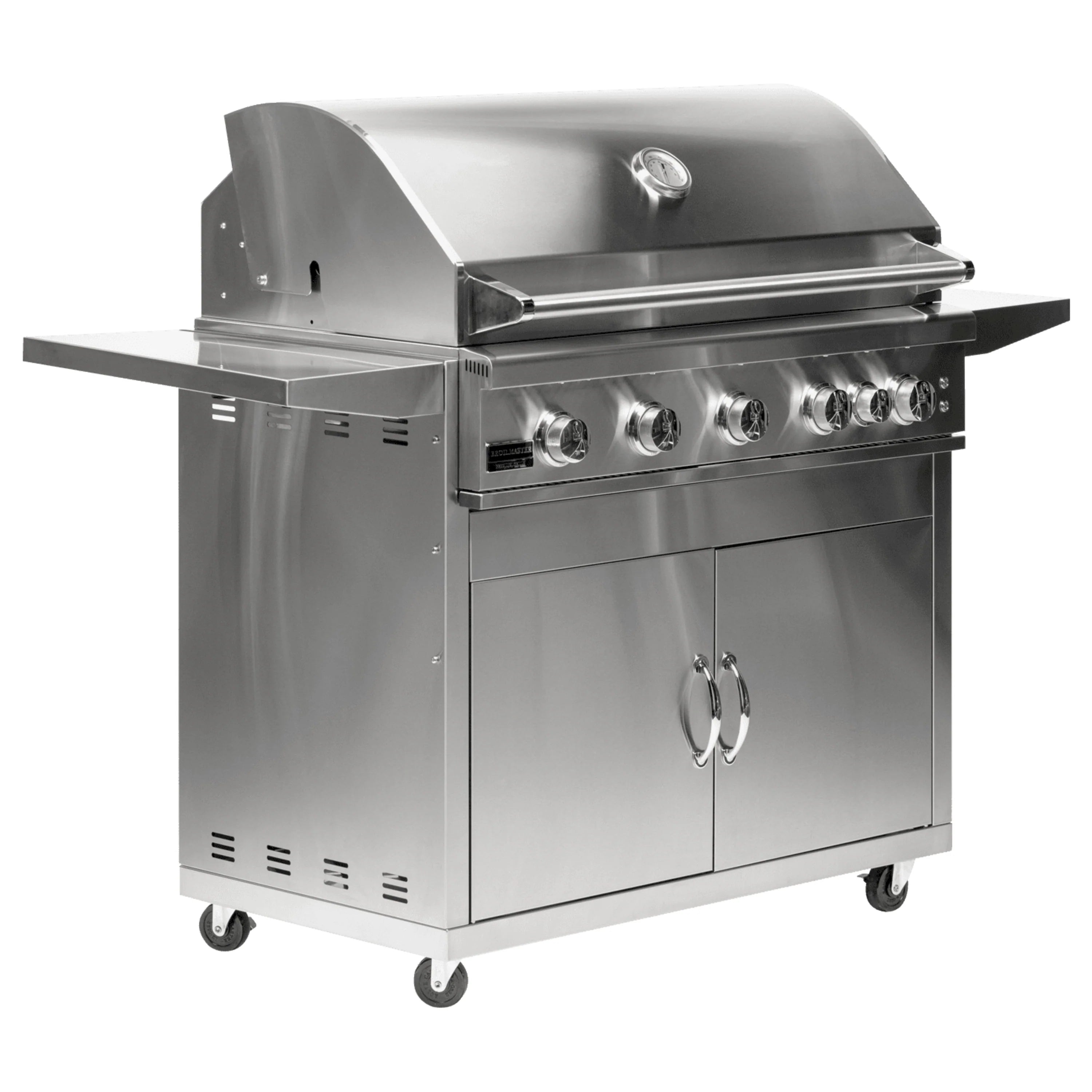 Stainless steel 5-burner propane grill cart with two cabinet doors and caster wheels