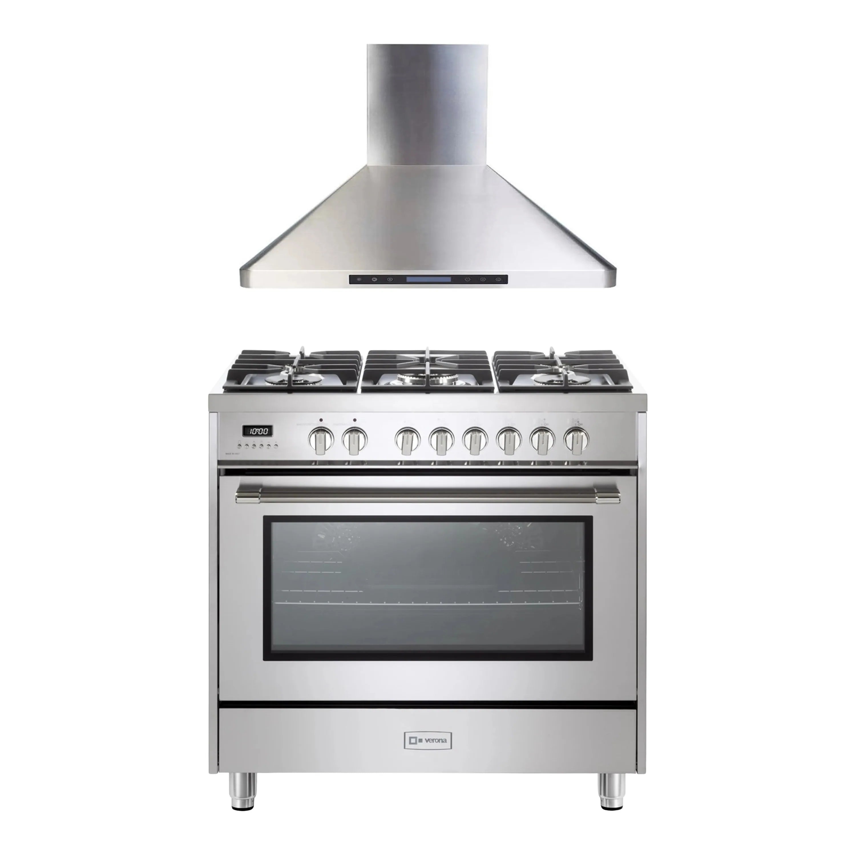 Stainless steel dual fuel range with five burners and oven door window