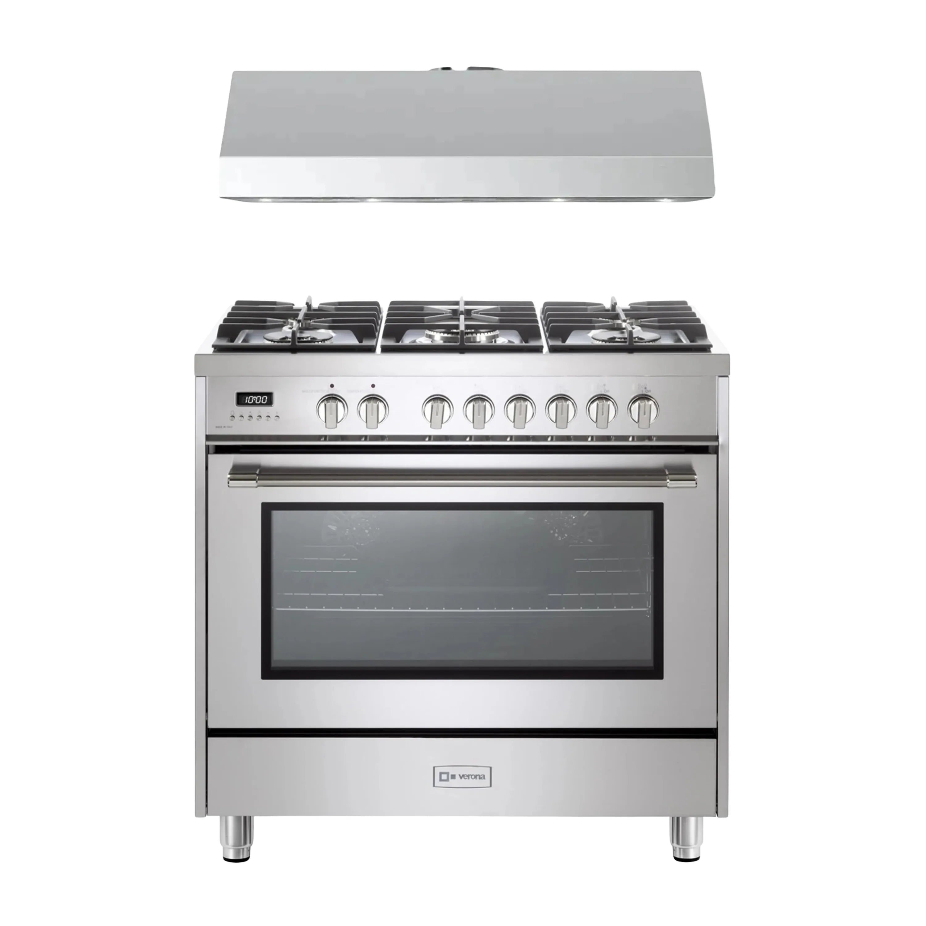 Stainless steel dual-fuel range with five sealed burners and oven door