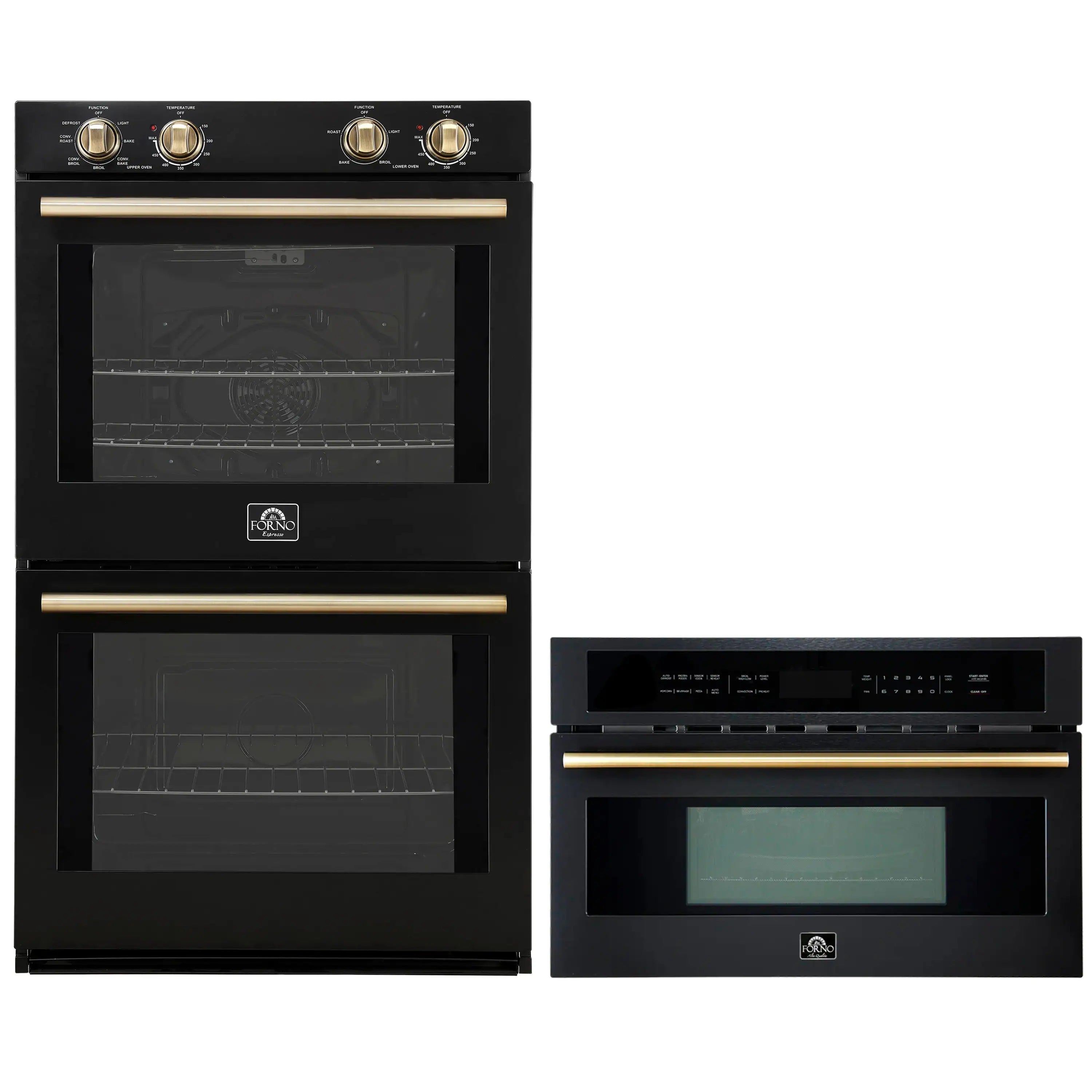 Black double wall oven and microwave set with antique brass accents