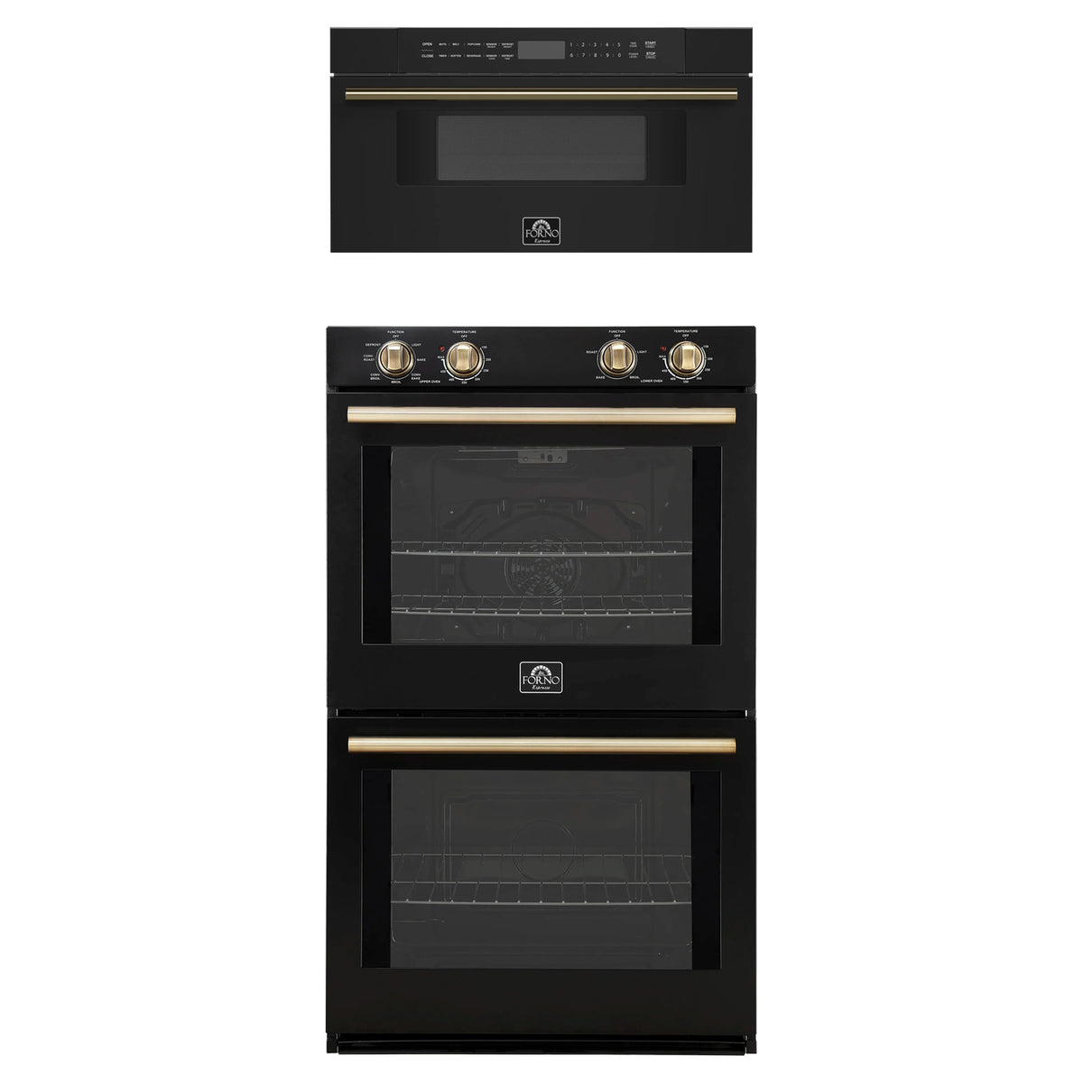 Forno 2-Piece Appliance Package - 30-Inch Vomero Double Wall Oven & 30-Inch Microwave Drawer in Black with Antique Brass Trim