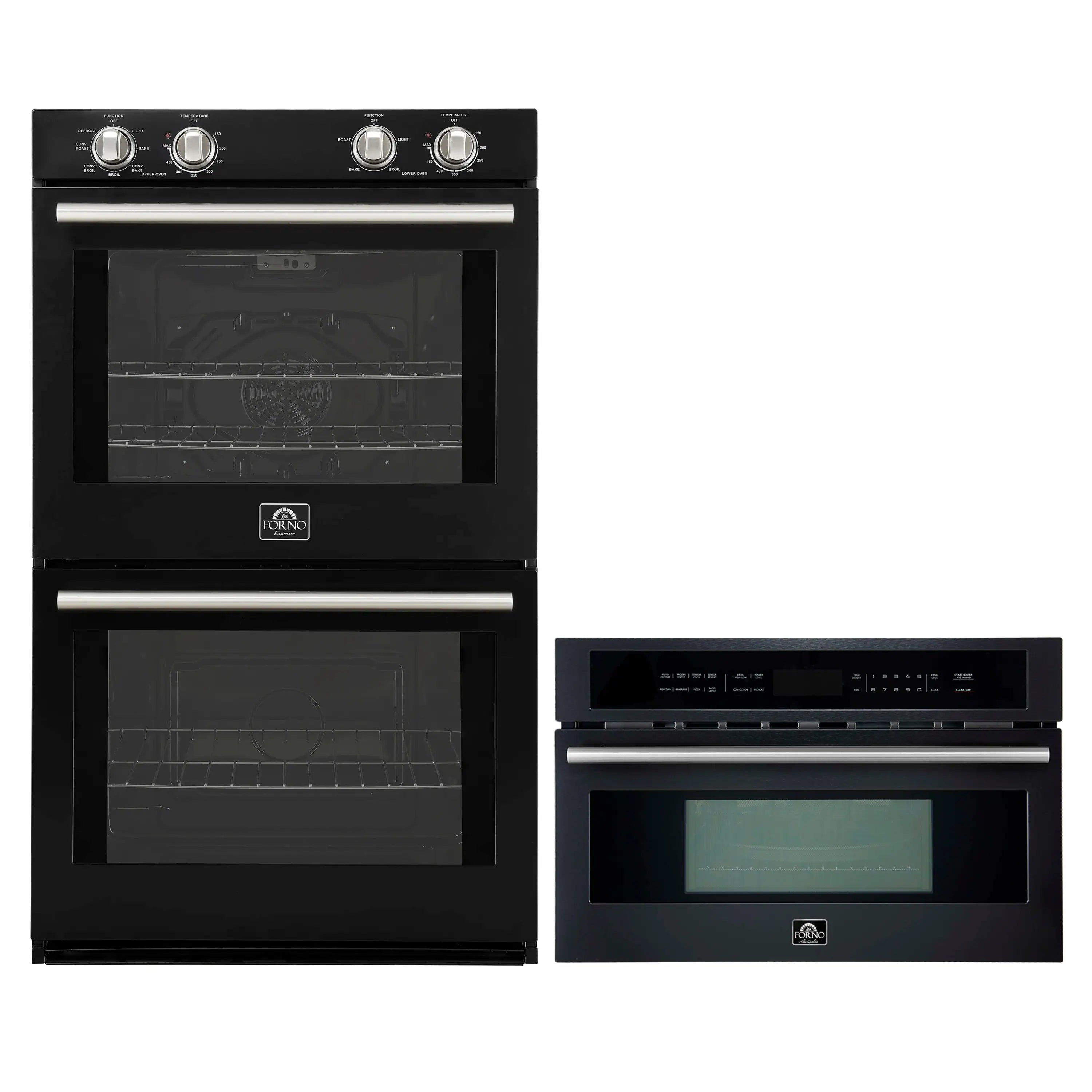 Black double wall oven with built-in microwave unit shown side by side