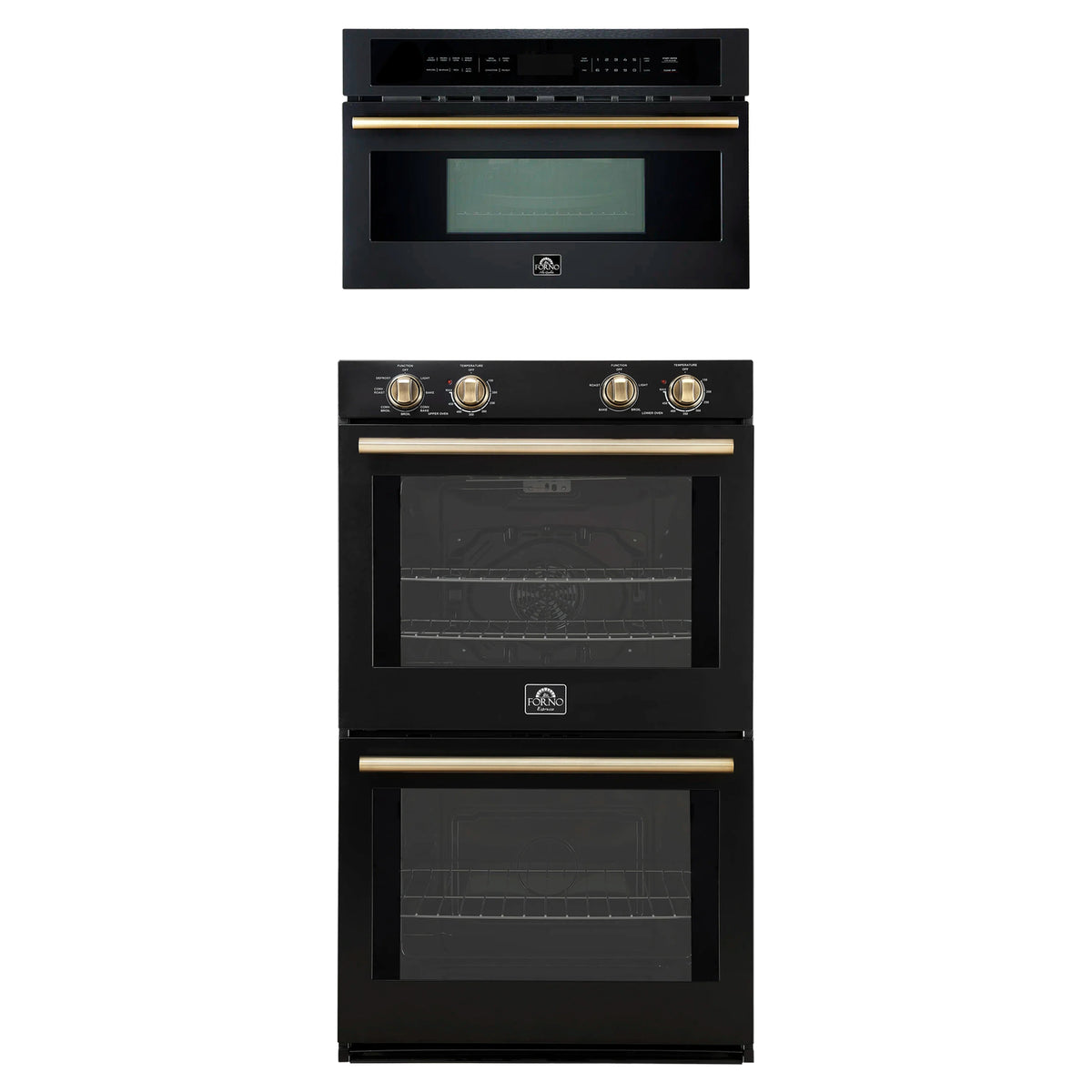 Forno 2-Piece Appliance Package - 30-Inch Vomero Double Wall Oven & 30-Inch Microwave Oven in Black with Antique Brass Trim