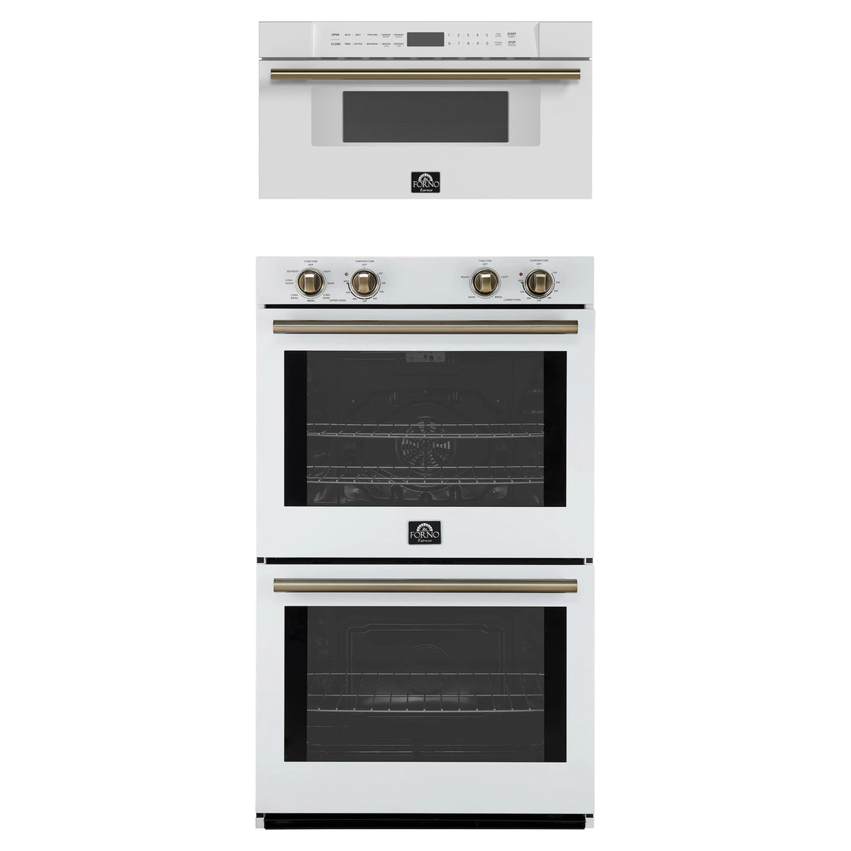 Forno 2-Piece Appliance Package - 30-Inch Vomero Double Wall Oven & 30-Inch Microwave Drawer in White with Antique Brass Trim