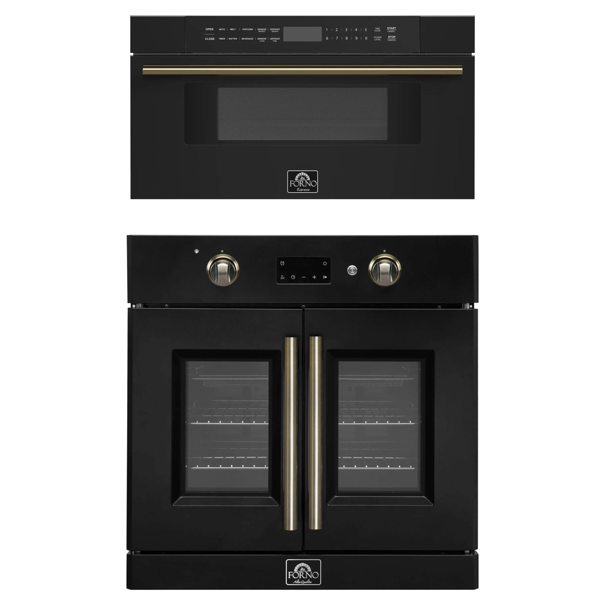 Forno 2-Piece Appliance Package - 30-Inch Asti French Door Electric Wall Oven & 30-Inch Microwave Drawer in Black with Antique Brass Trim