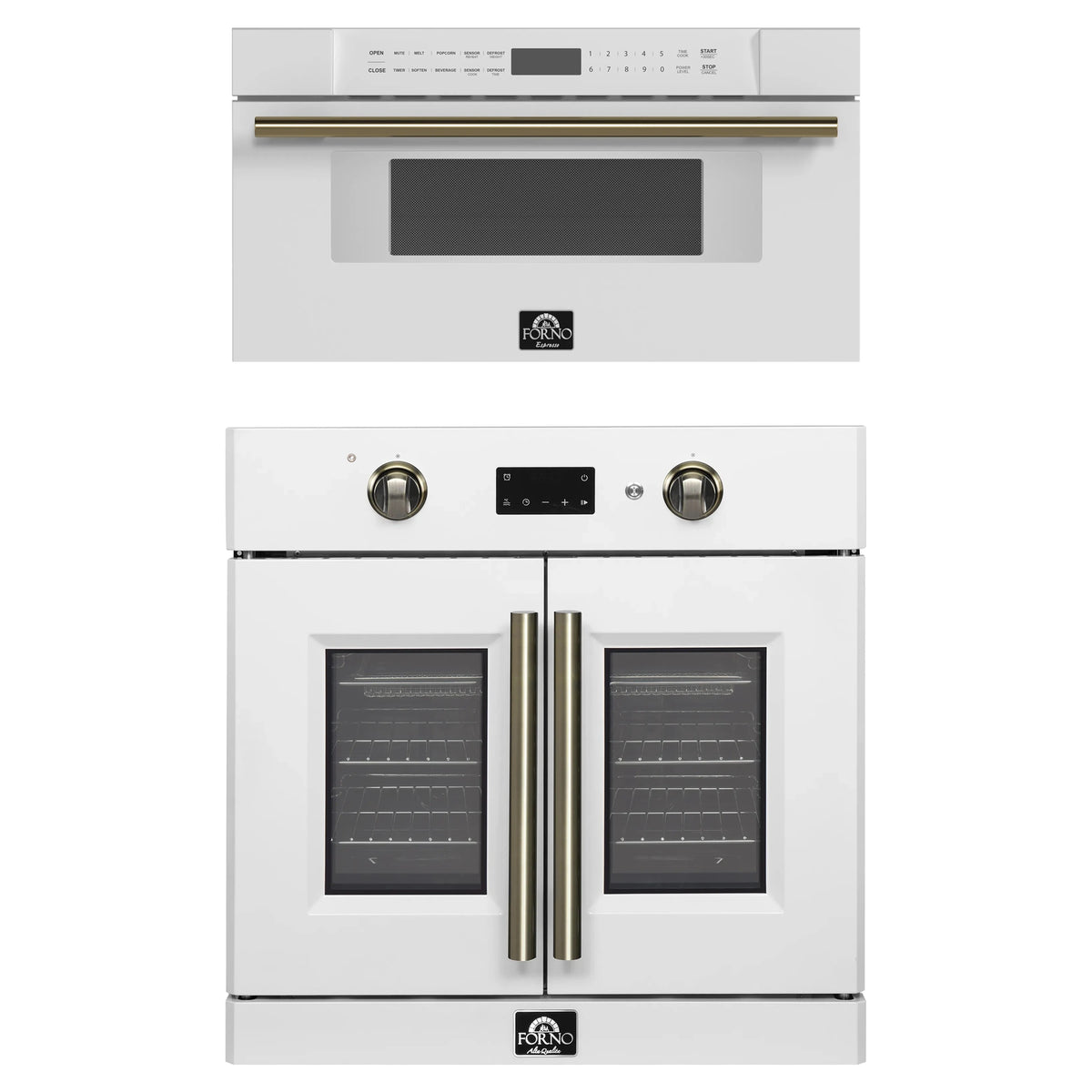 Forno 2-Piece Appliance Package - 30-Inch Asti French Door Electric Wall Oven & 30-Inch Microwave Drawer in White with Antique Brass Trim