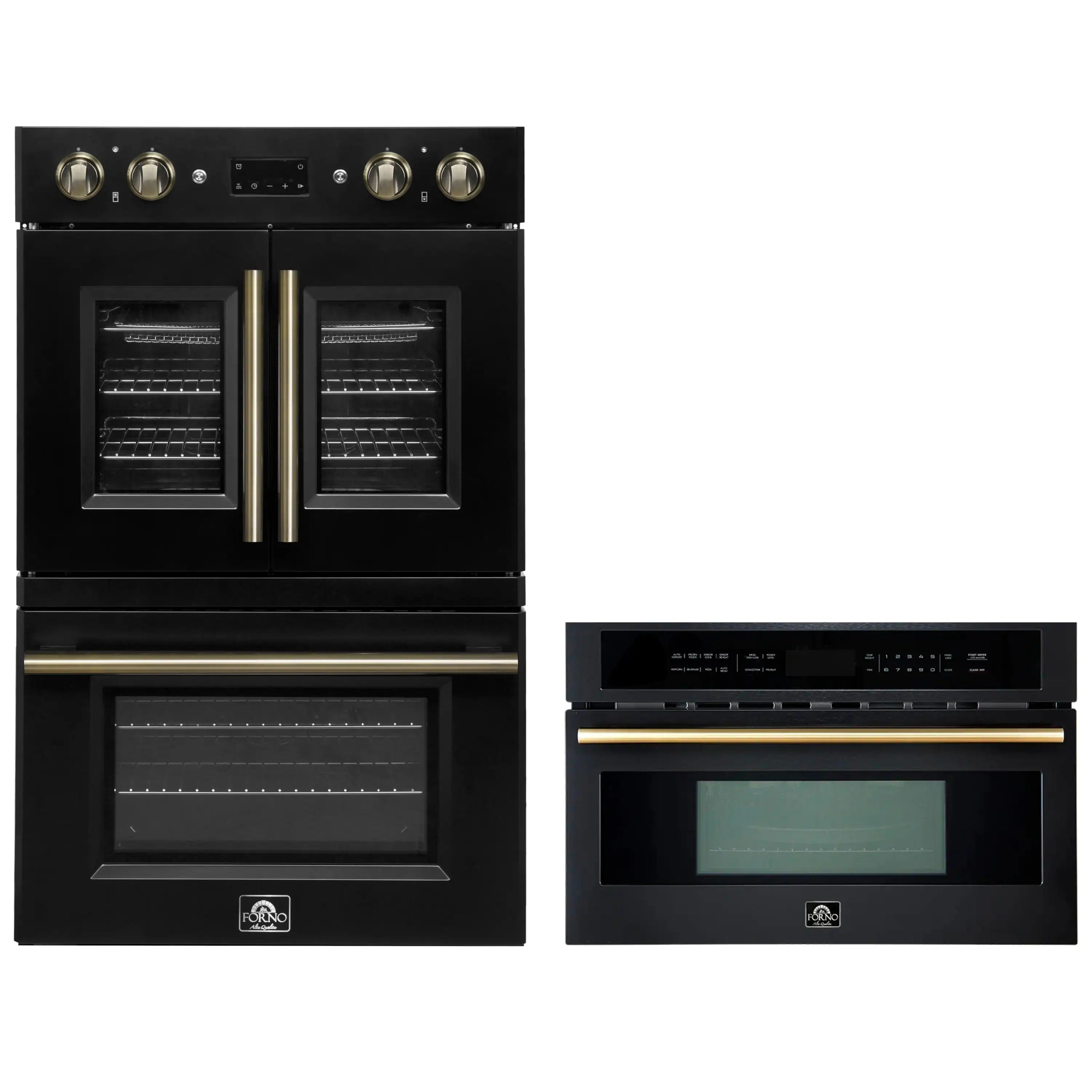 Black appliance package: double wall oven and microwave with antique brass center handle