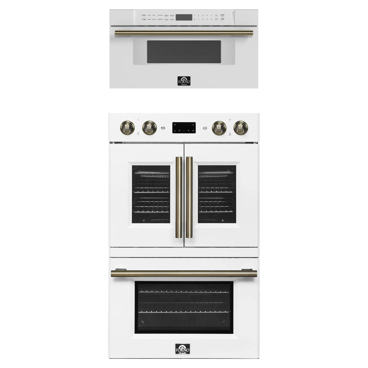 Forno 2-Piece Appliance Package - 30-Inch Asti French Door Double Electric Wall Oven & 30-Inch Microwave Drawer in White with Antique Brass Trim