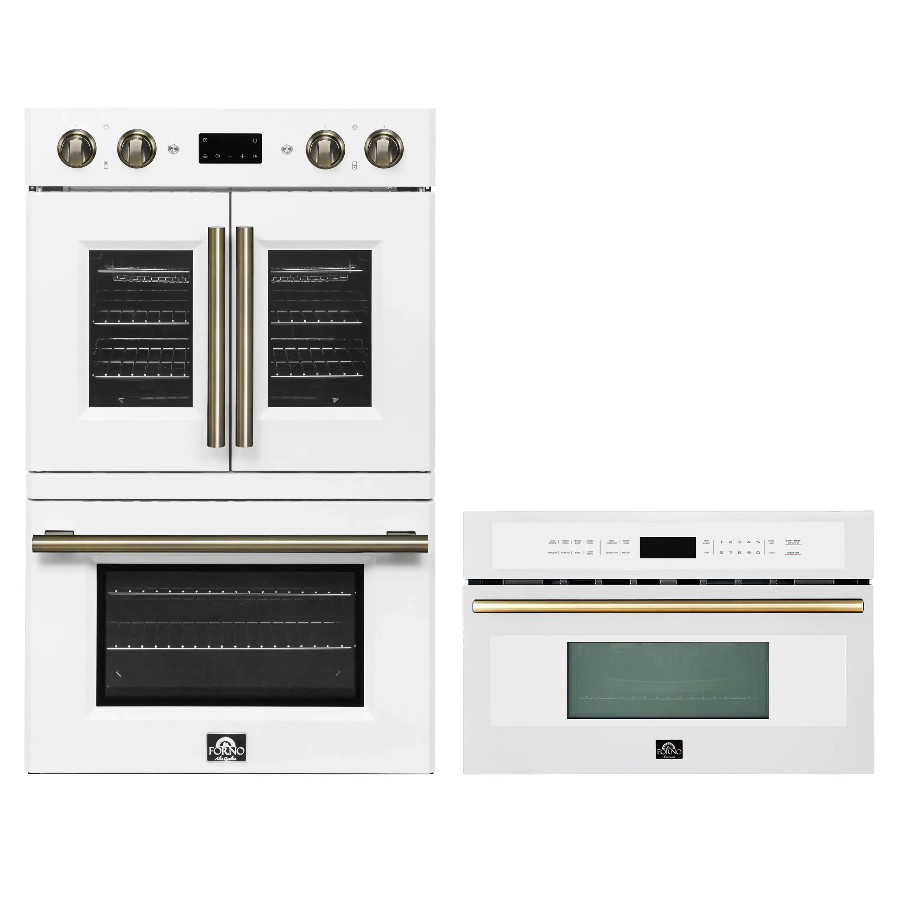 Two-piece white appliance set: wall oven and separate microwave with brass accents