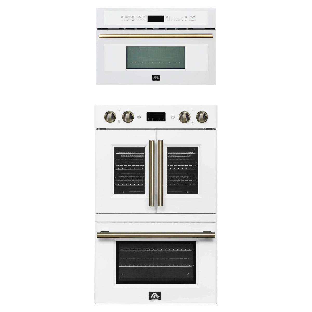 Forno 2-Piece Appliance Package - 30-Inch Asti French Door Double Electric Wall Oven & 30-Inch Microwave Oven in White with Antique Brass Trim