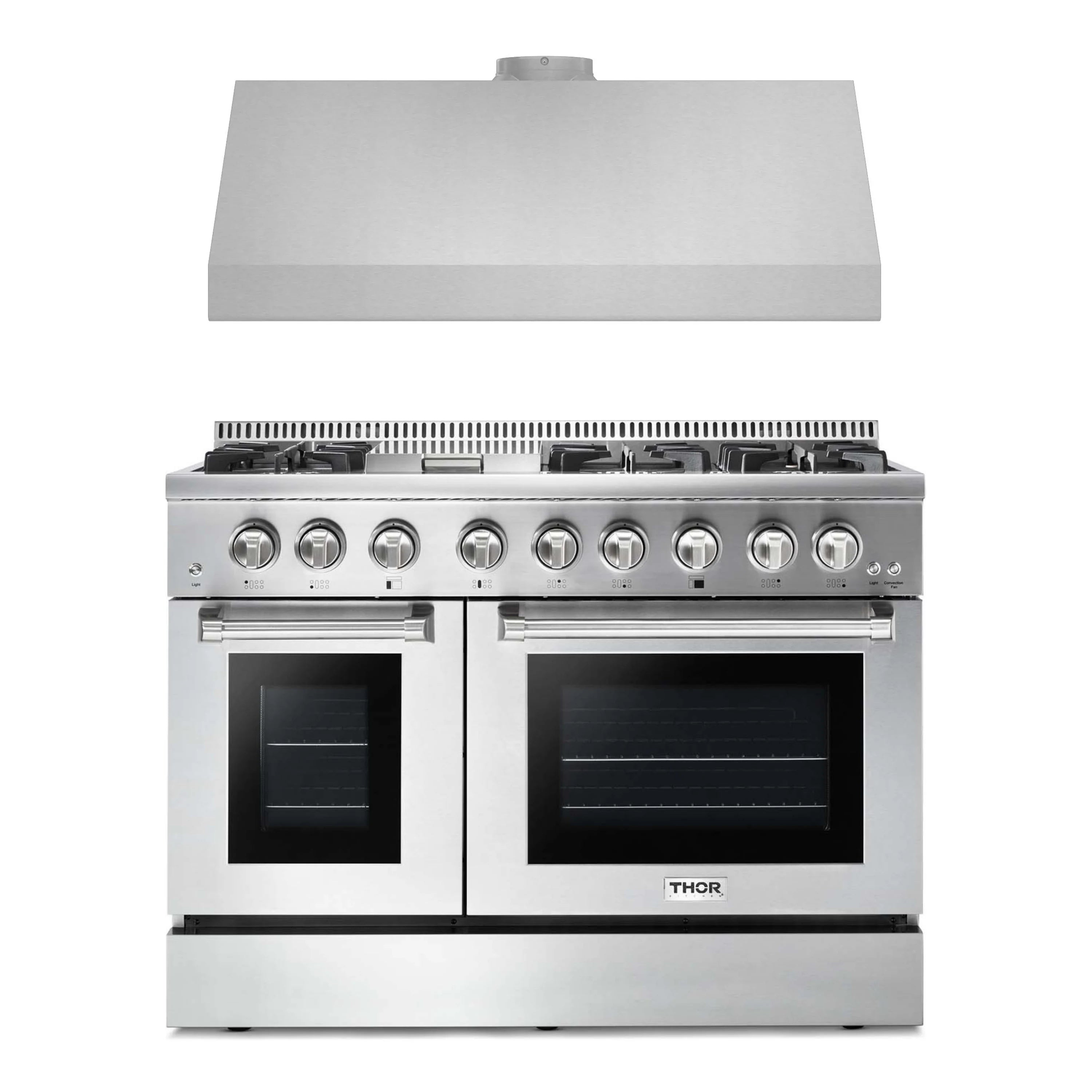 Thor stainless steel dual fuel range front with control knobs and double oven doors
