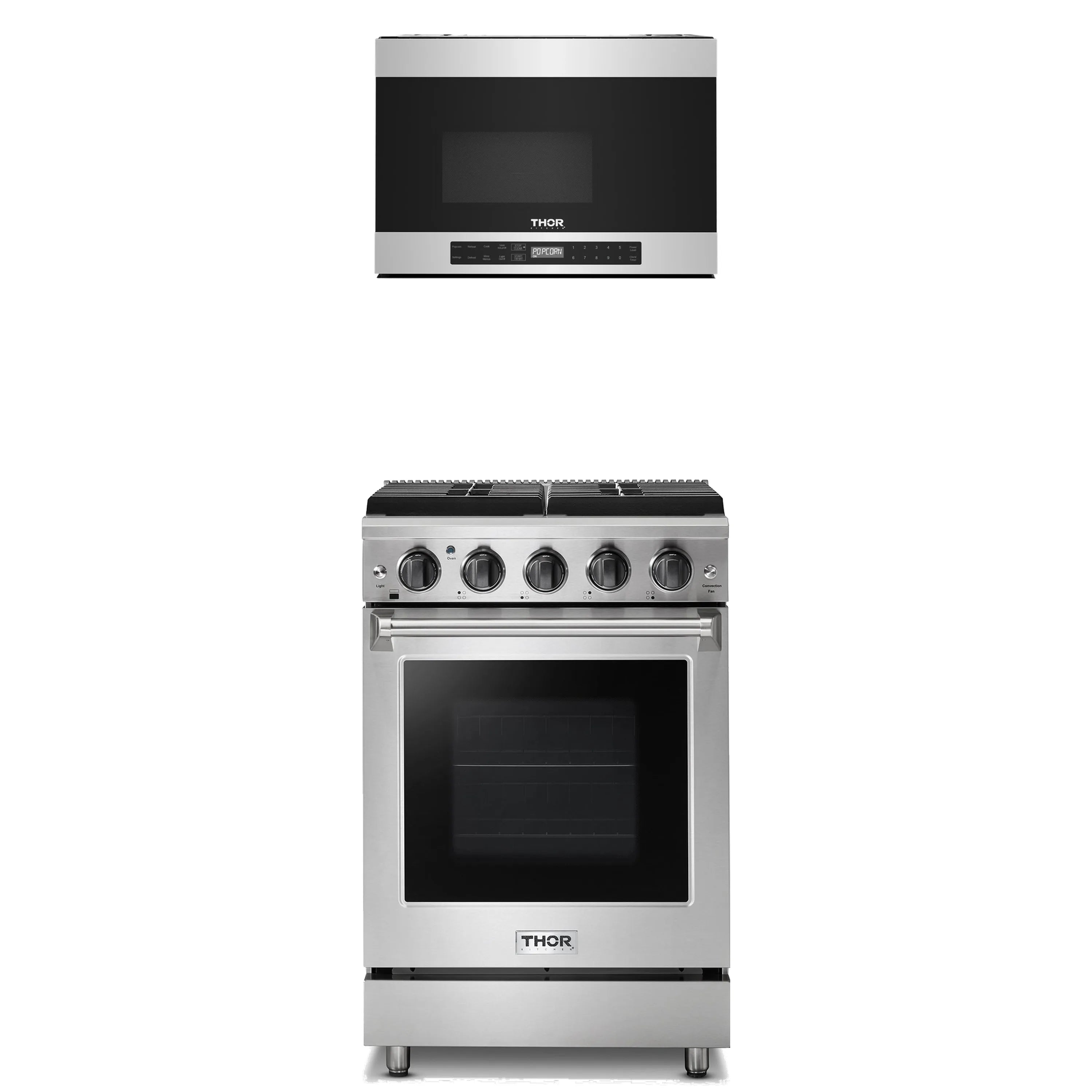 Stainless steel gas range with over-the-range microwave, stacked front views