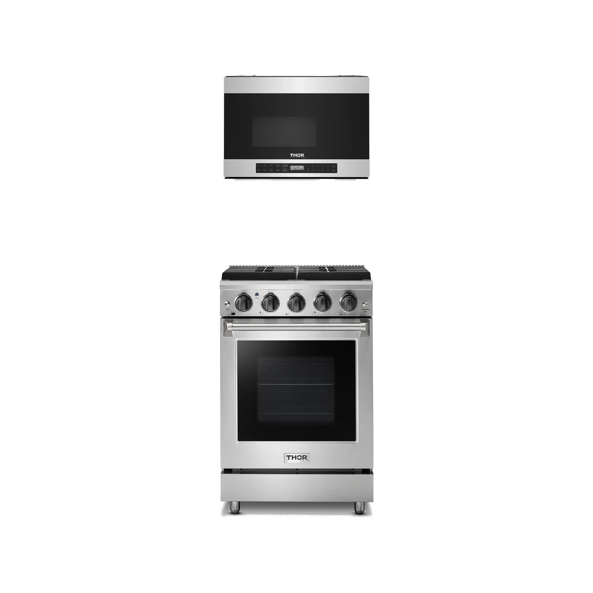 Thor Kitchen 2-Piece Appliance Package - 24-Inch Propane Gas Range & Over-the-Range Microwave in Stainless Steel