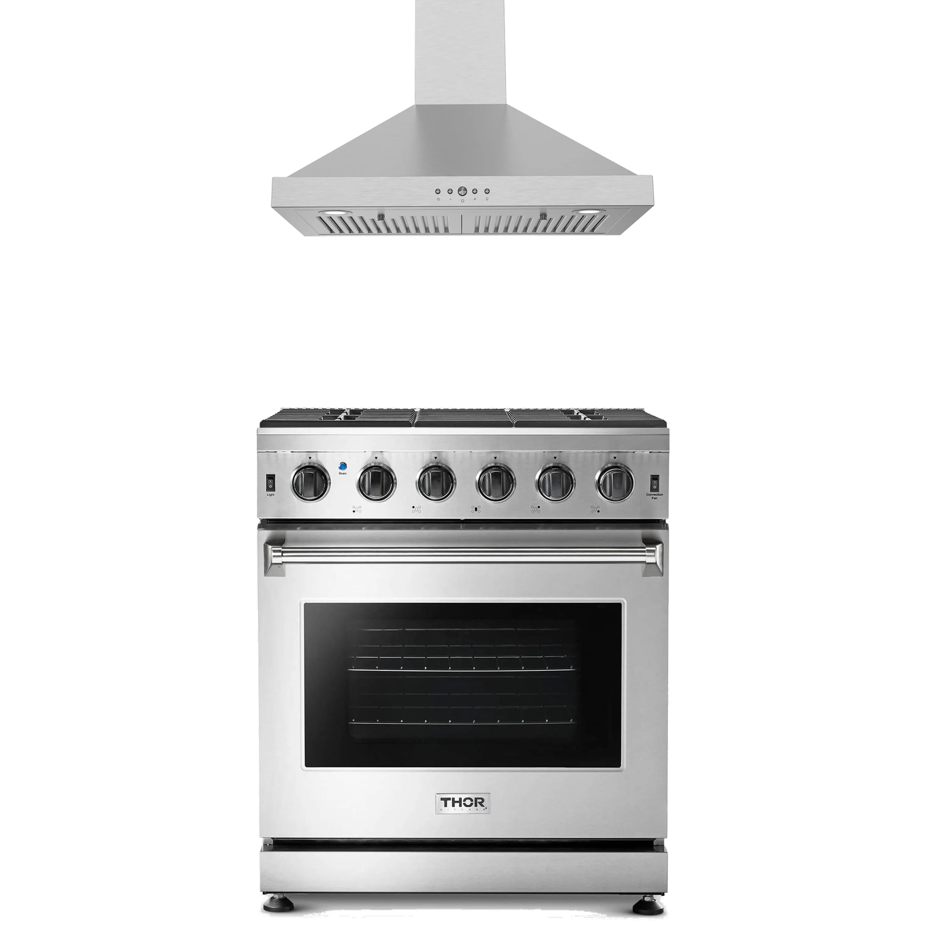 Stainless steel 30-inch gas range with wall-mount hood, front controls visible