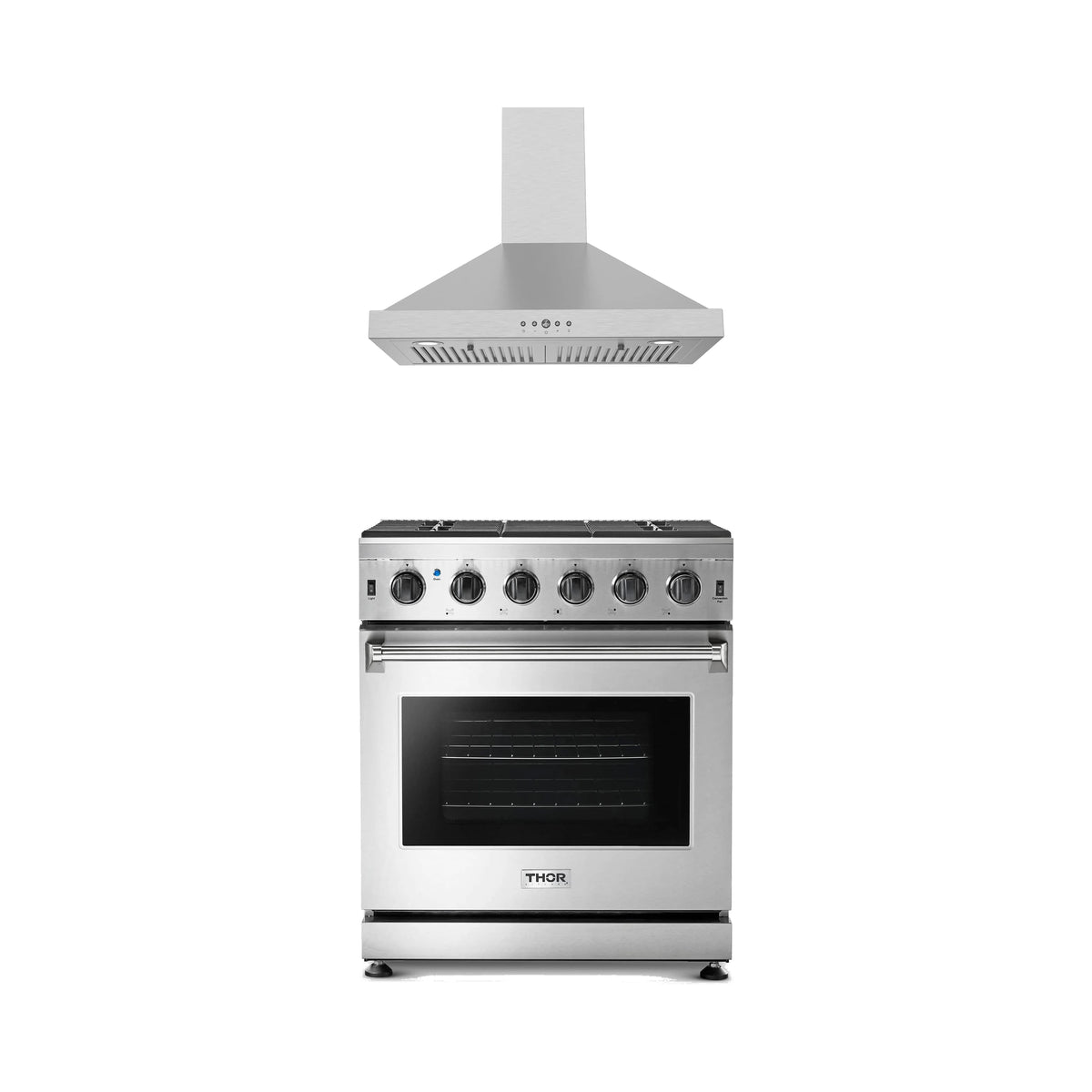 Thor Kitchen 2-Piece Appliance Package - 30-Inch Natural Gas Range & Wall Mount Hood in Stainless Steel