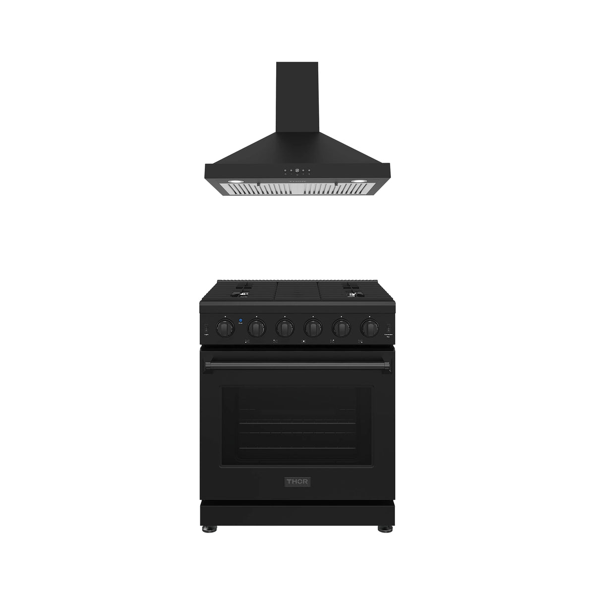 Thor Kitchen 2-Piece Appliance Package - 30-Inch Natural Gas Range & Wall Mount Hood in Black