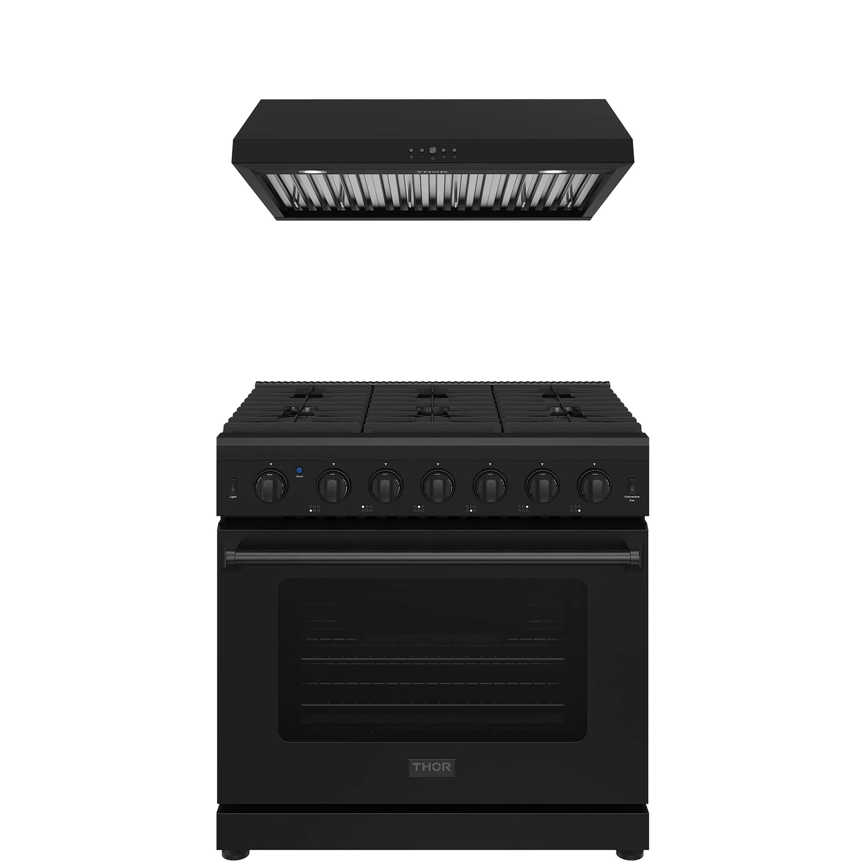 Black under-cabinet hood and black gas range with knobs and oven door