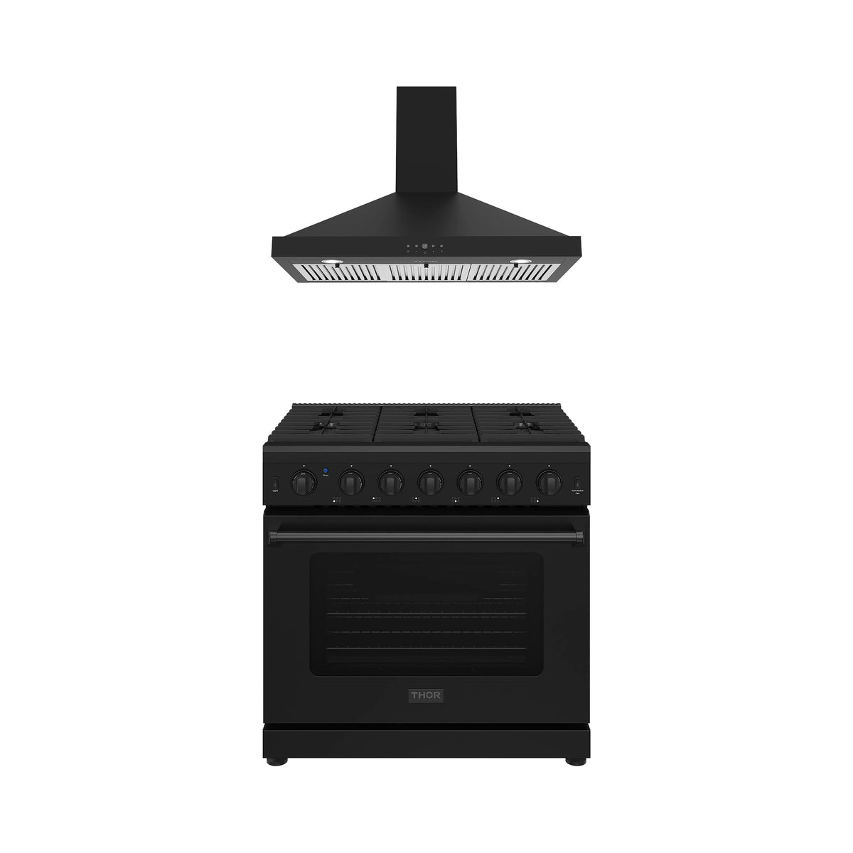 Thor Kitchen 2-Piece Appliance Package - 36-Inch Natural Gas Range & Wall Mount Hood in Black