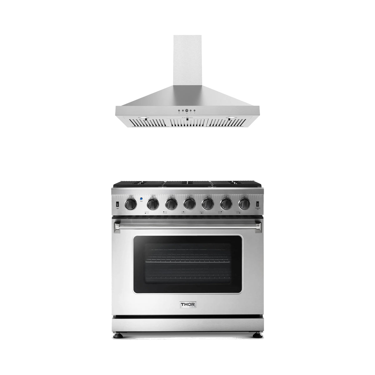 Thor Kitchen 2-Piece Appliance Package - 36-Inch Propane Gas Range & Wall Mount Hood in Stainless Steel