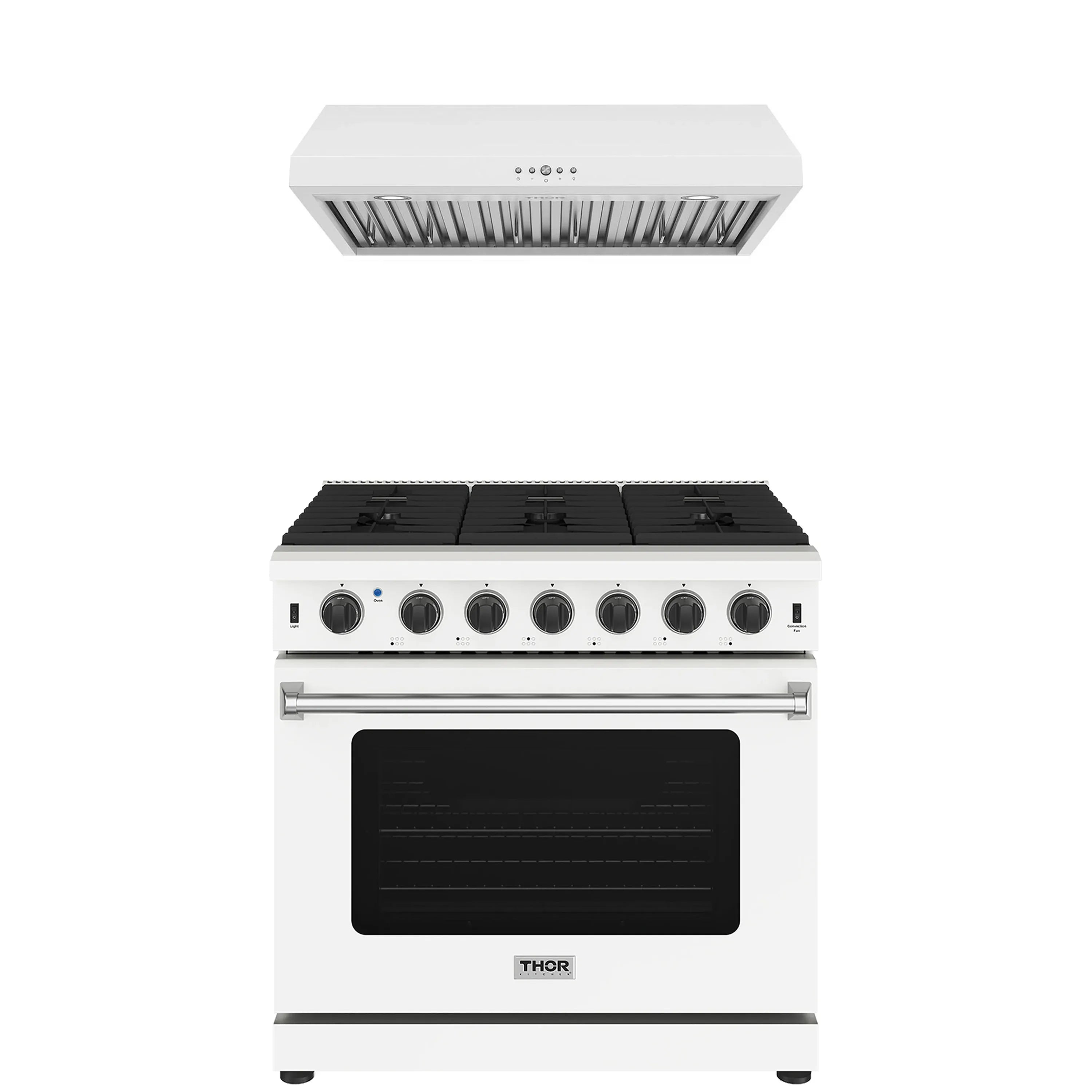 White gas range with under-cabinet hood, front view