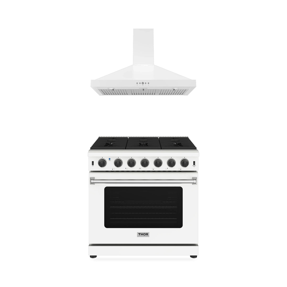 Thor Kitchen 2-Piece Appliance Package - 36-Inch Propane Gas Range & Wall Mount Hood in White
