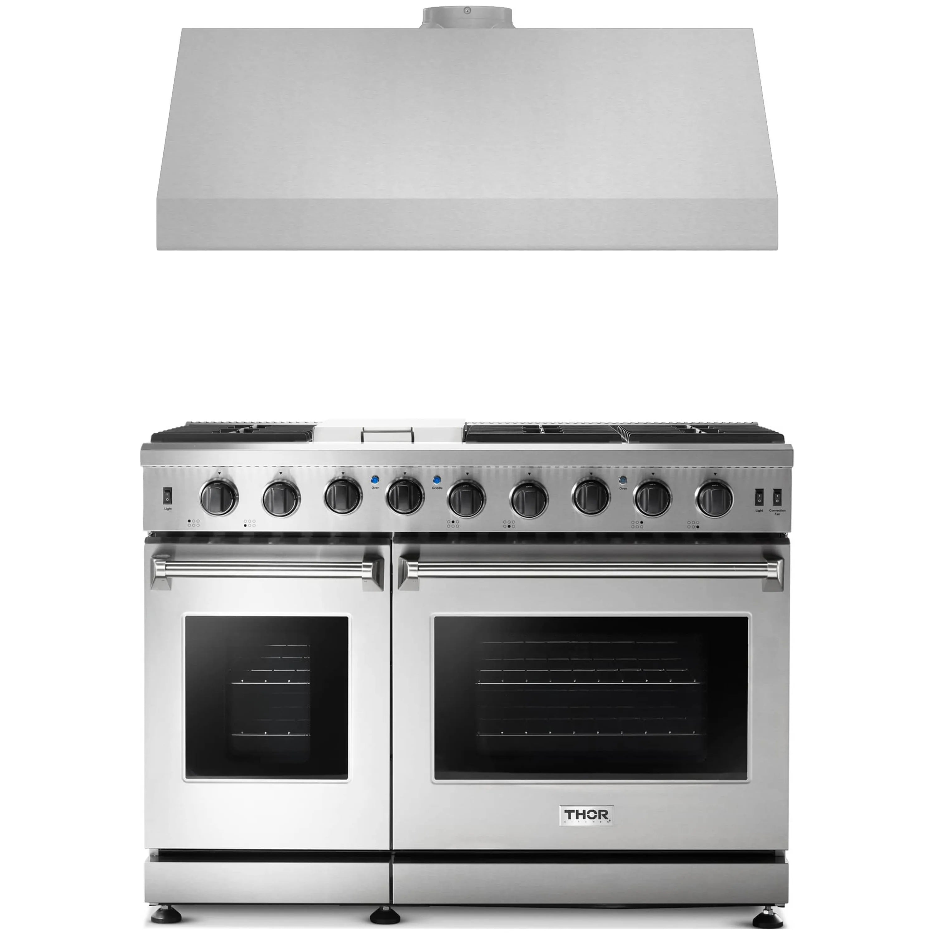 Stainless steel gas range with two ovens and hood above