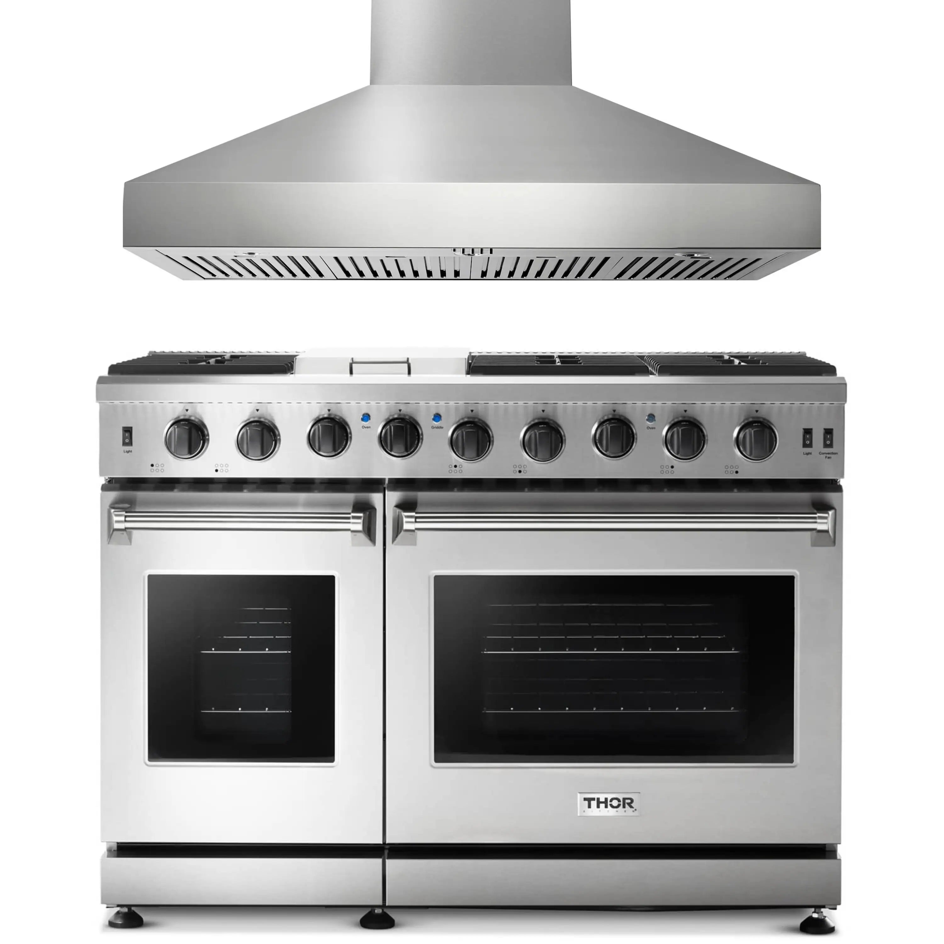 Stainless steel gas range with dual ovens and wall mount hood