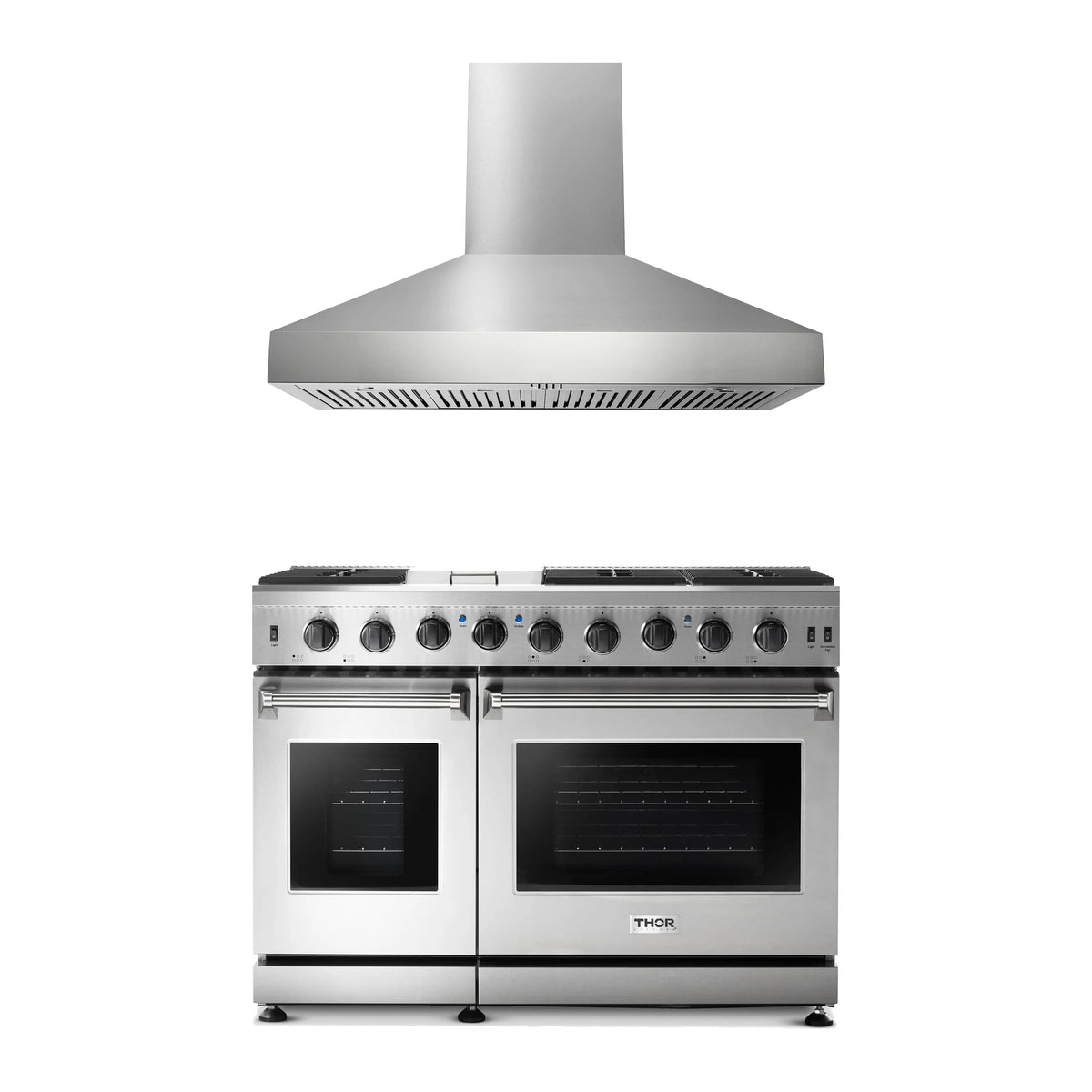 Thor Kitchen 2-Piece Appliance Package - 48-Inch Propane Gas Range & Wall Mount Hood in Stainless Steel