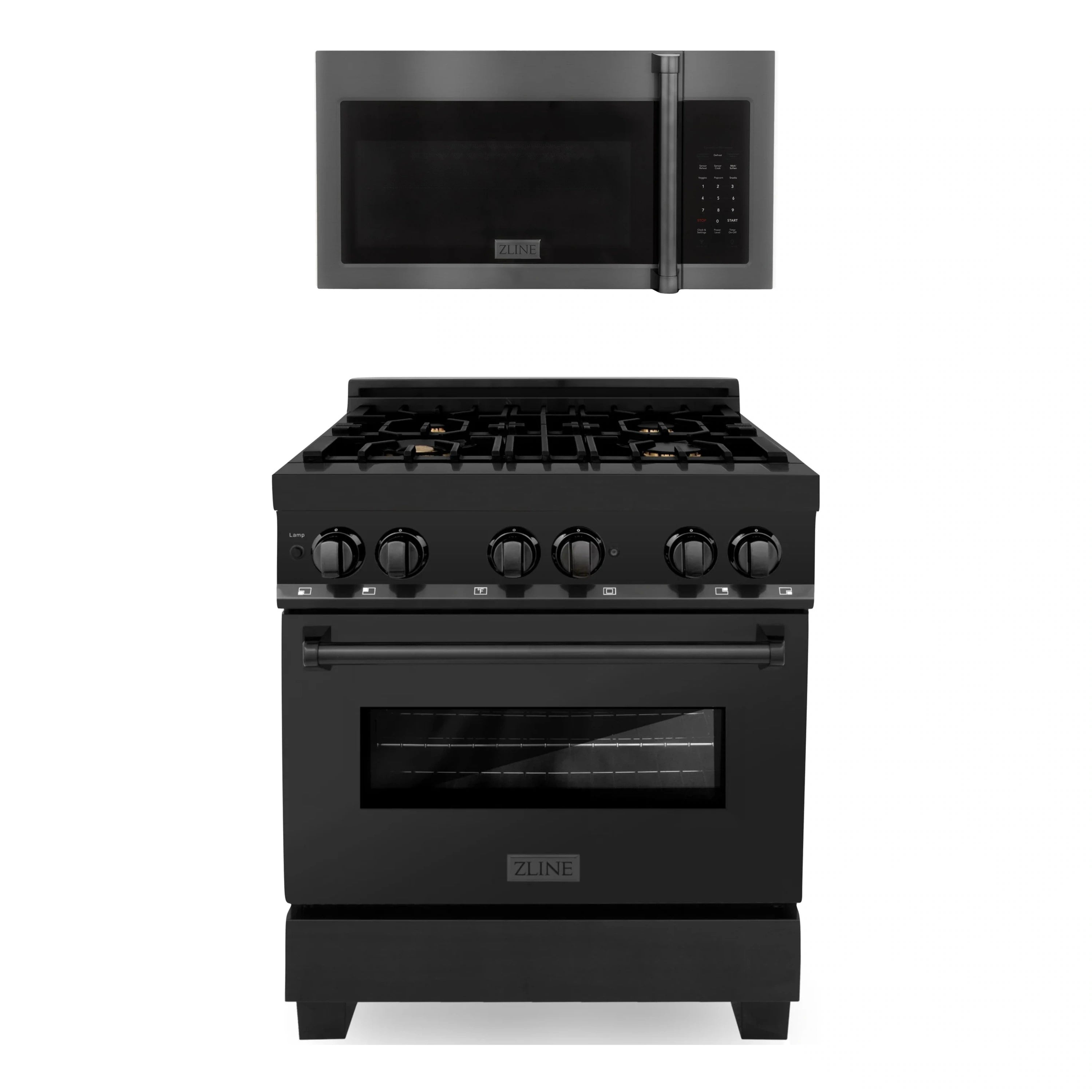 Black stainless steel dual fuel range with front knobs and oven door