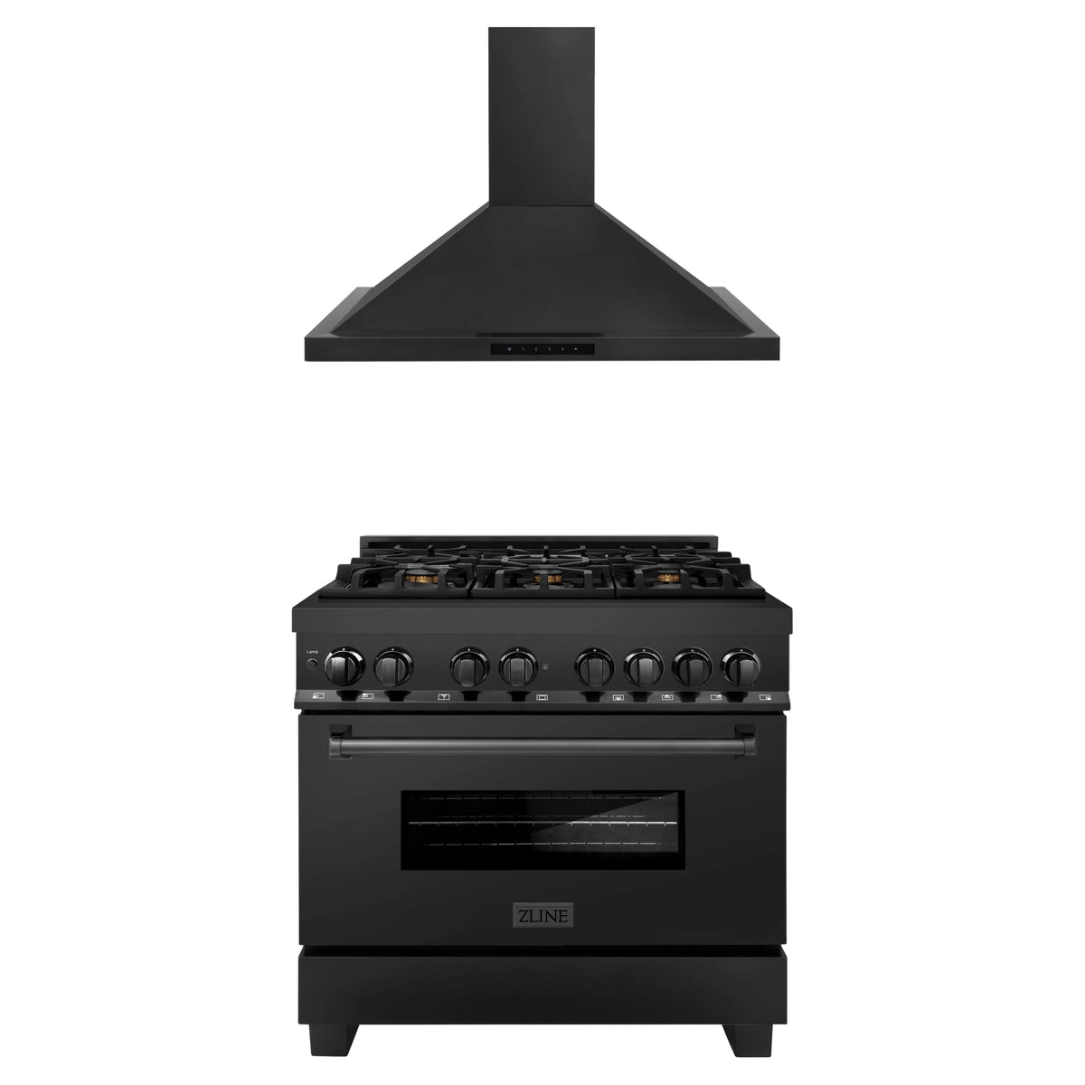 ZLINE 2-Piece Appliance Package - 36-Inch Dual Fuel Range with Brass Burners & Wall Mount Range Hood in Black Stainless Steel