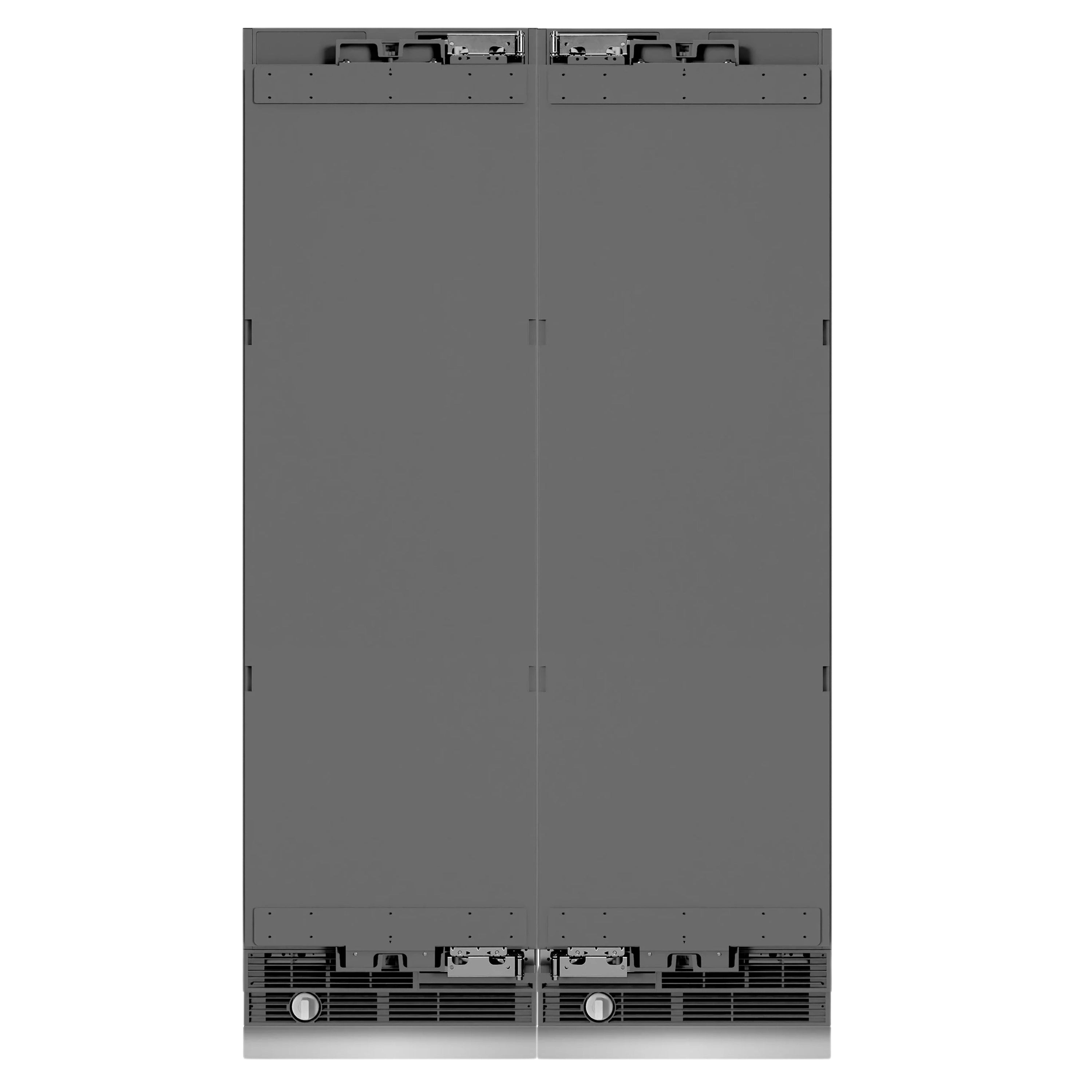Panel-ready refrigerator/freezer cabinet with two dark gray front doors and lower vents