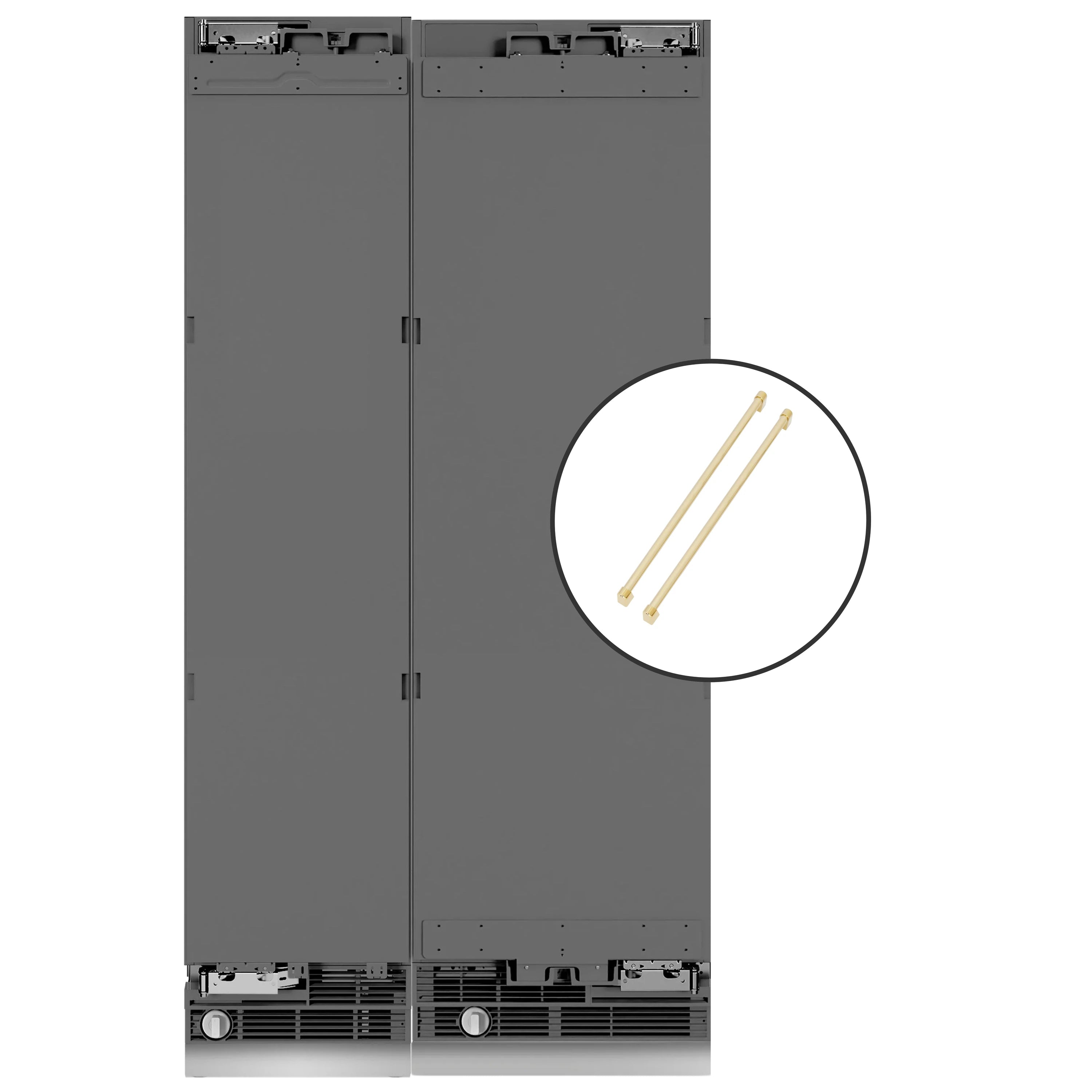 Panel-ready refrigerator and freezer with included gold handle set inset