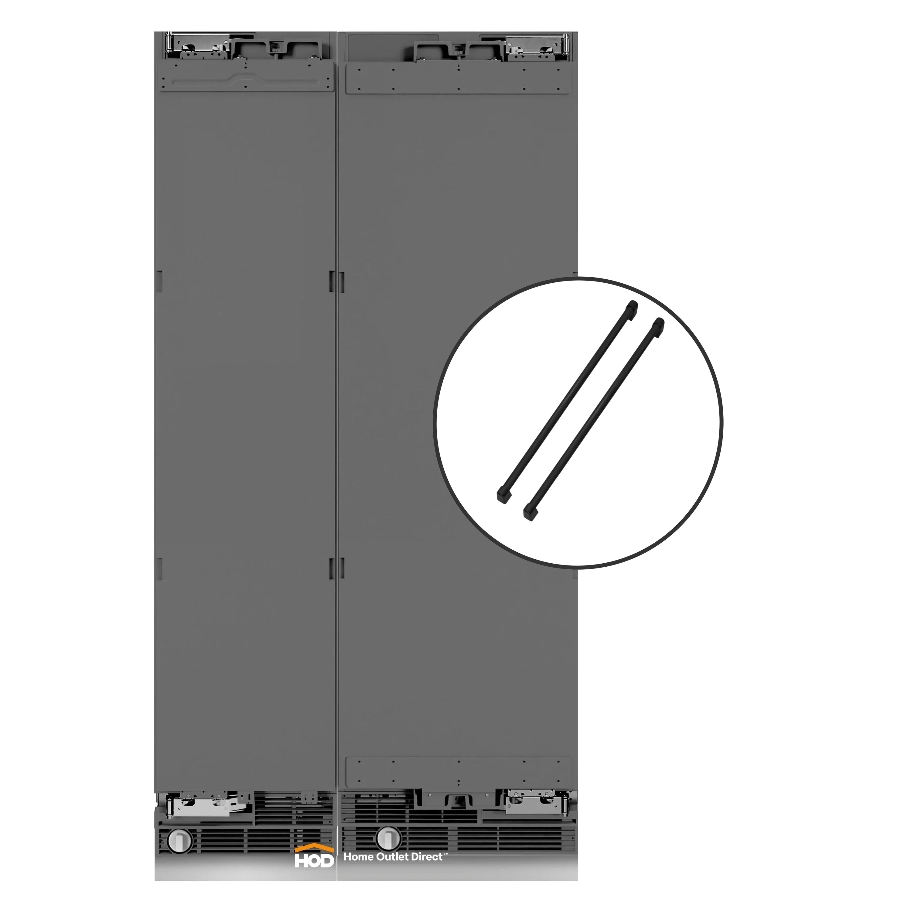 Panel-ready refrigerator/freezer with hinge and mounting detail shown in inset