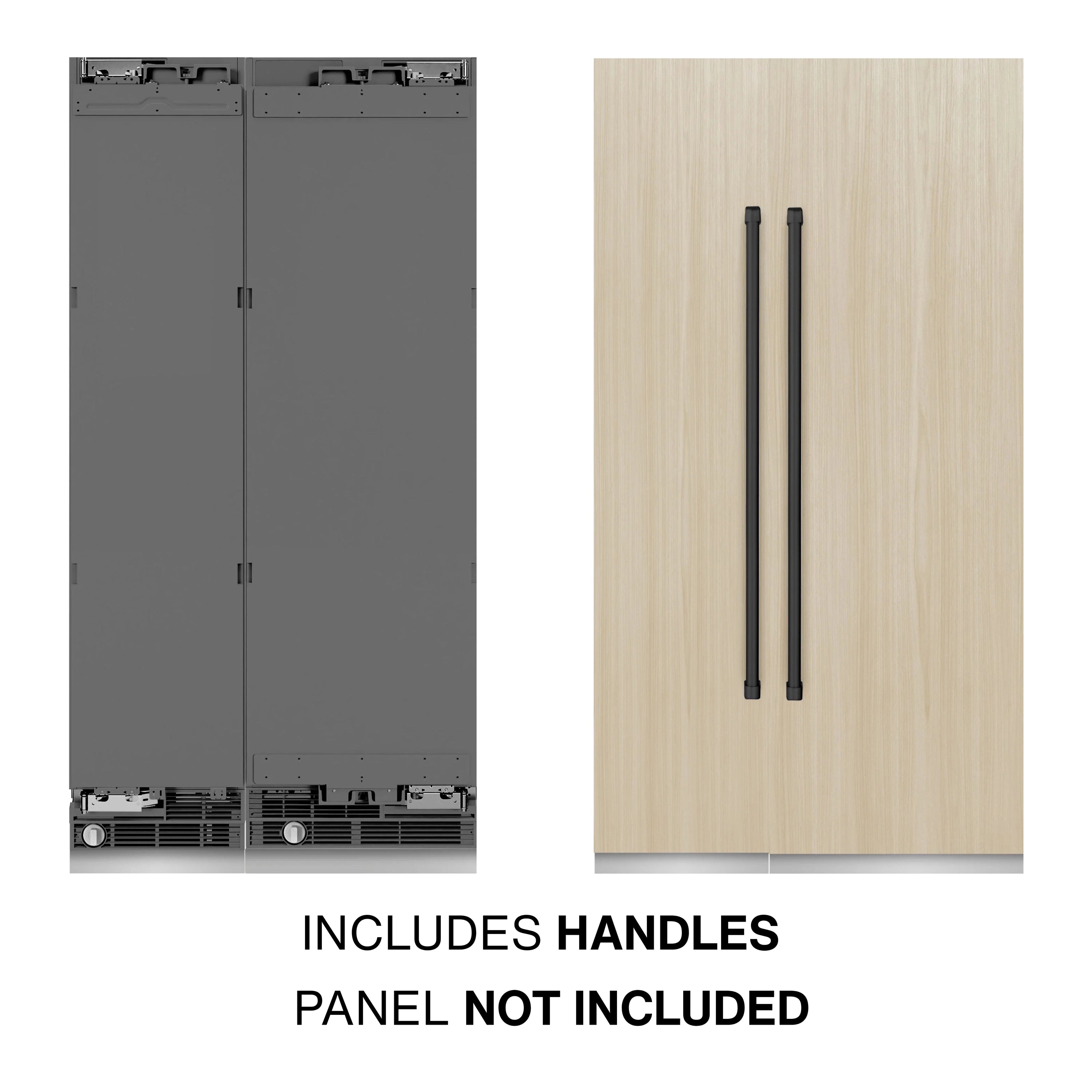 Panel-ready column refrigerator with matte black accent handles; panel not included