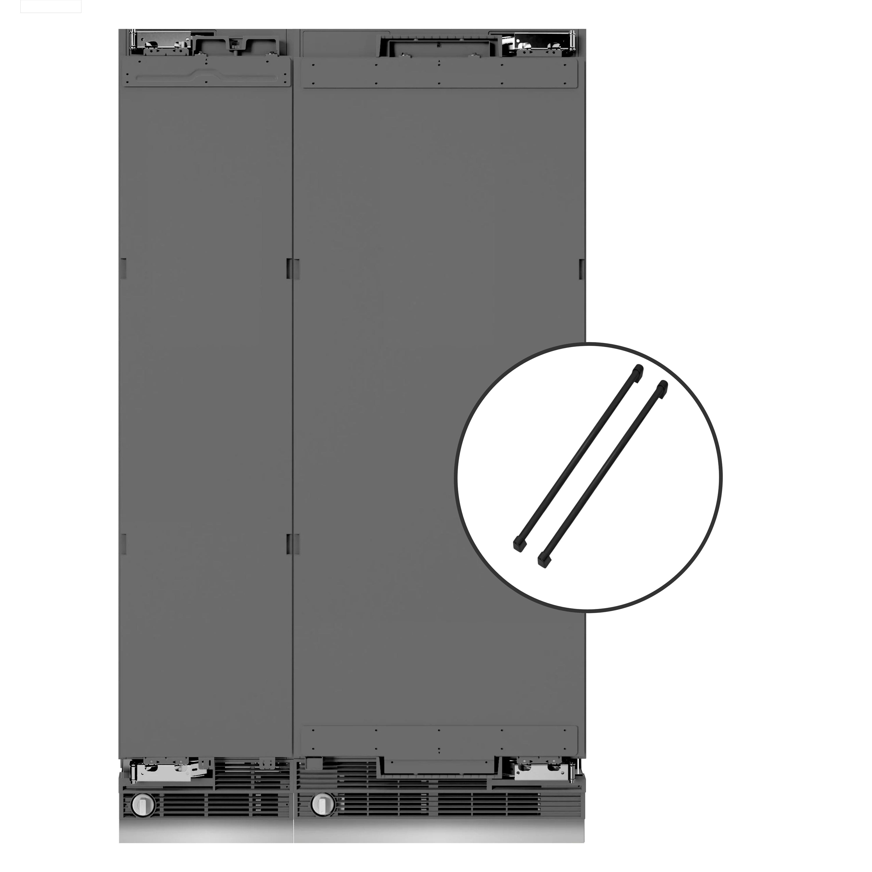 Matte black refrigerator handle shown in close-up detail for panel-ready doors