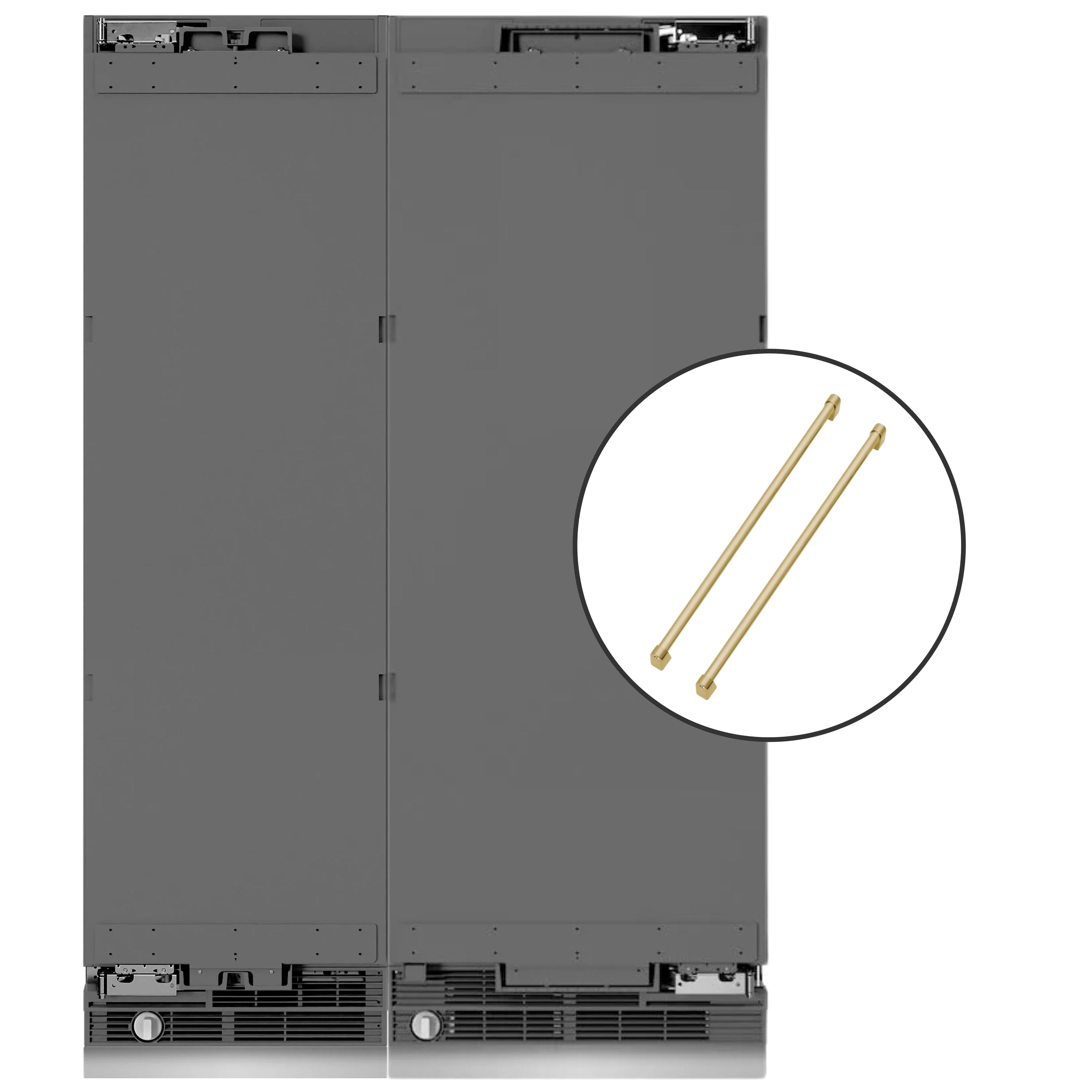 Panel-ready refrigerator/freezer with included champagne bronze handle set shown in detail