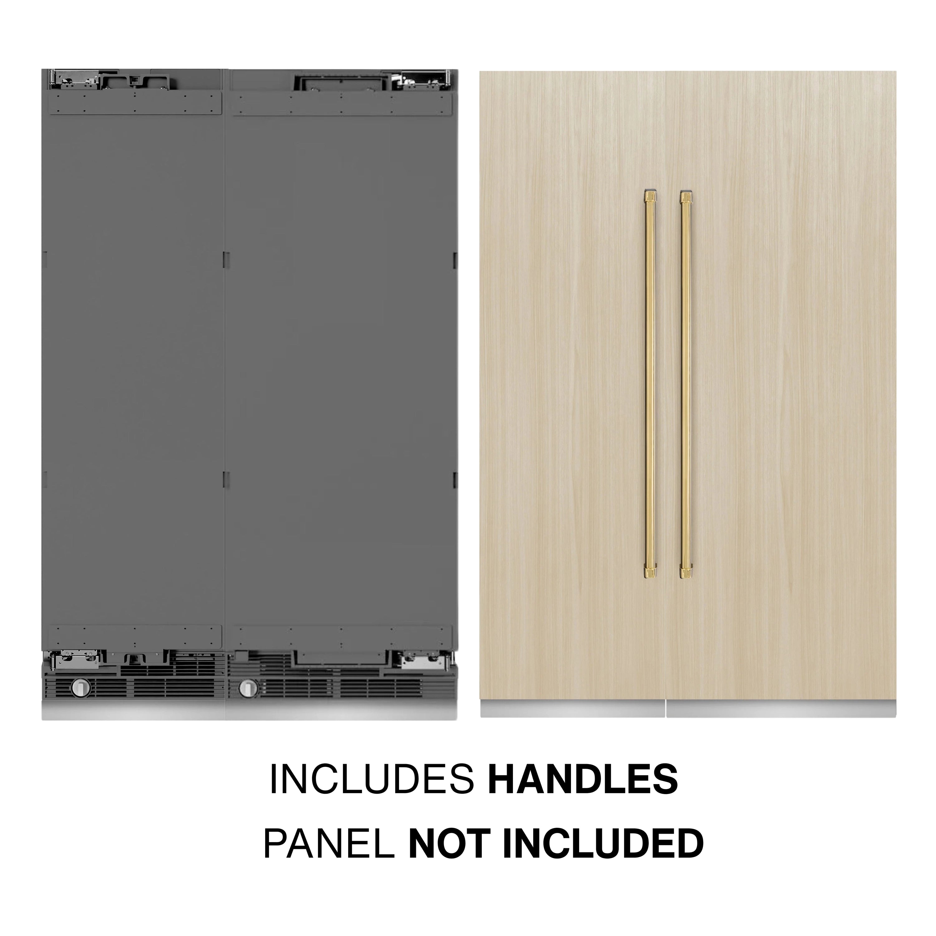 Panel-ready refrigerator/freezer with gold handles; includes handles, panel not included