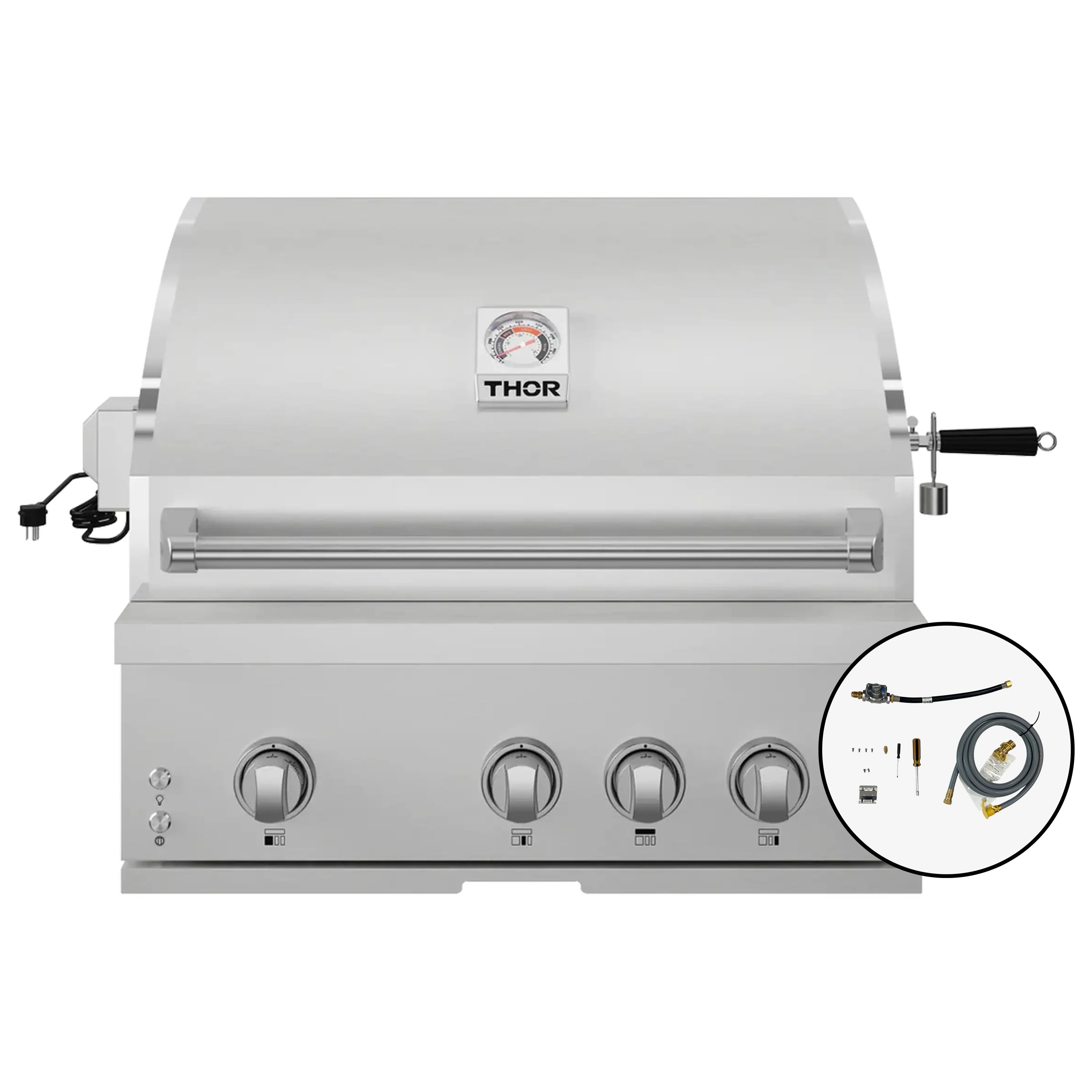 Stainless steel built-in gas grill front with natural gas kit inset diagram