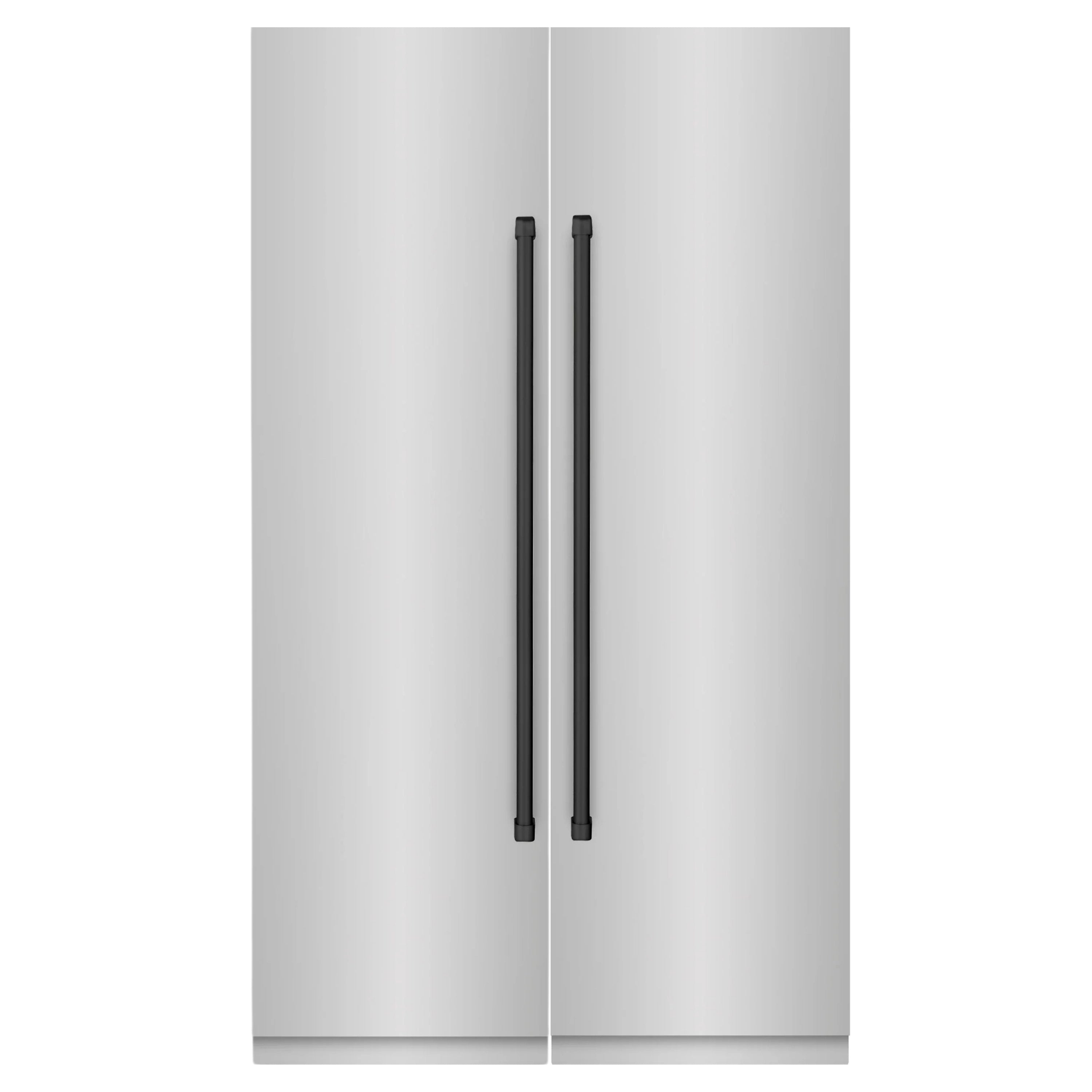 Stainless steel French-door refrigerator-freezer with matte black vertical handles