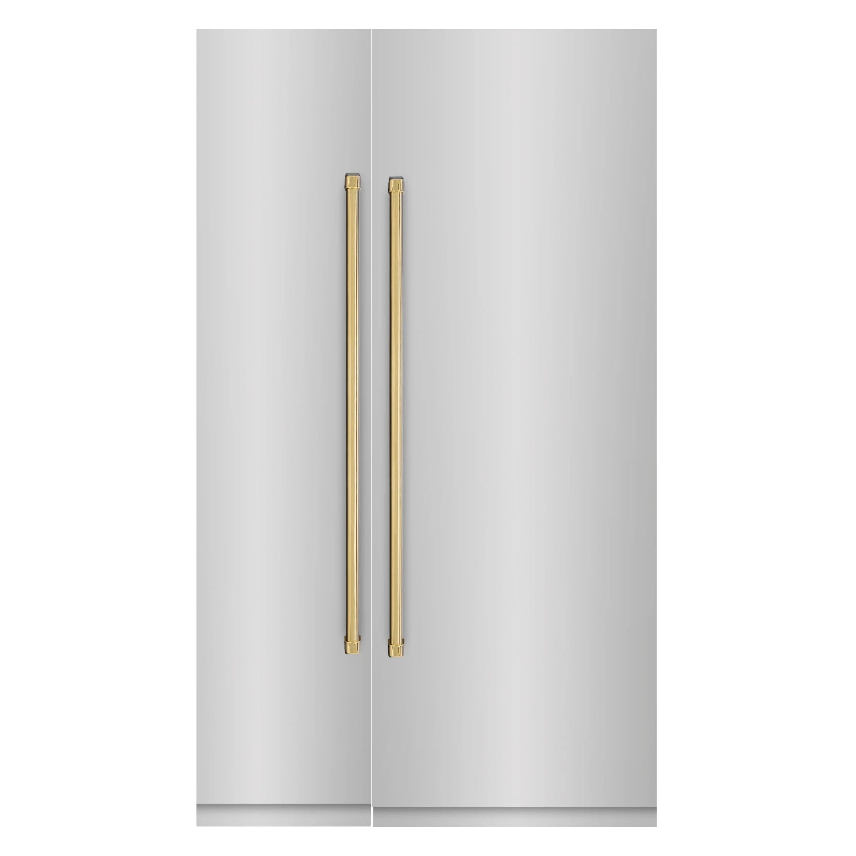 Stainless steel refrigerator doors with two gold vertical handles