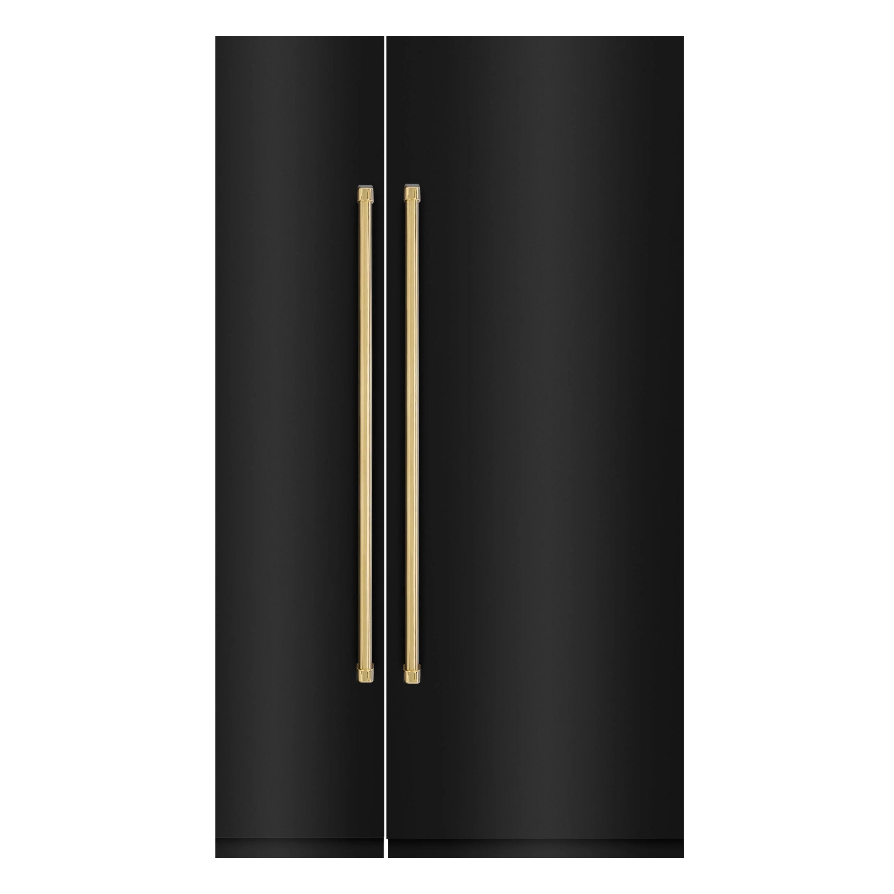 Black stainless refrigerator doors with two gold vertical handles