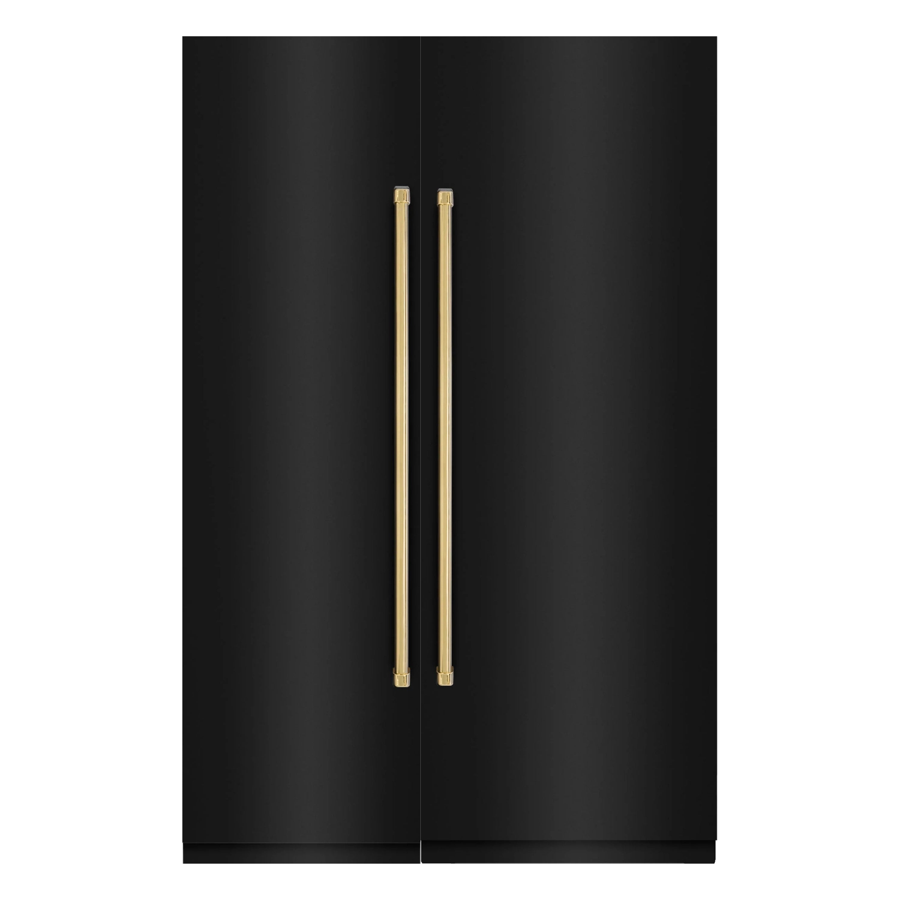 Black stainless double-door refrigerator with vertical gold handles