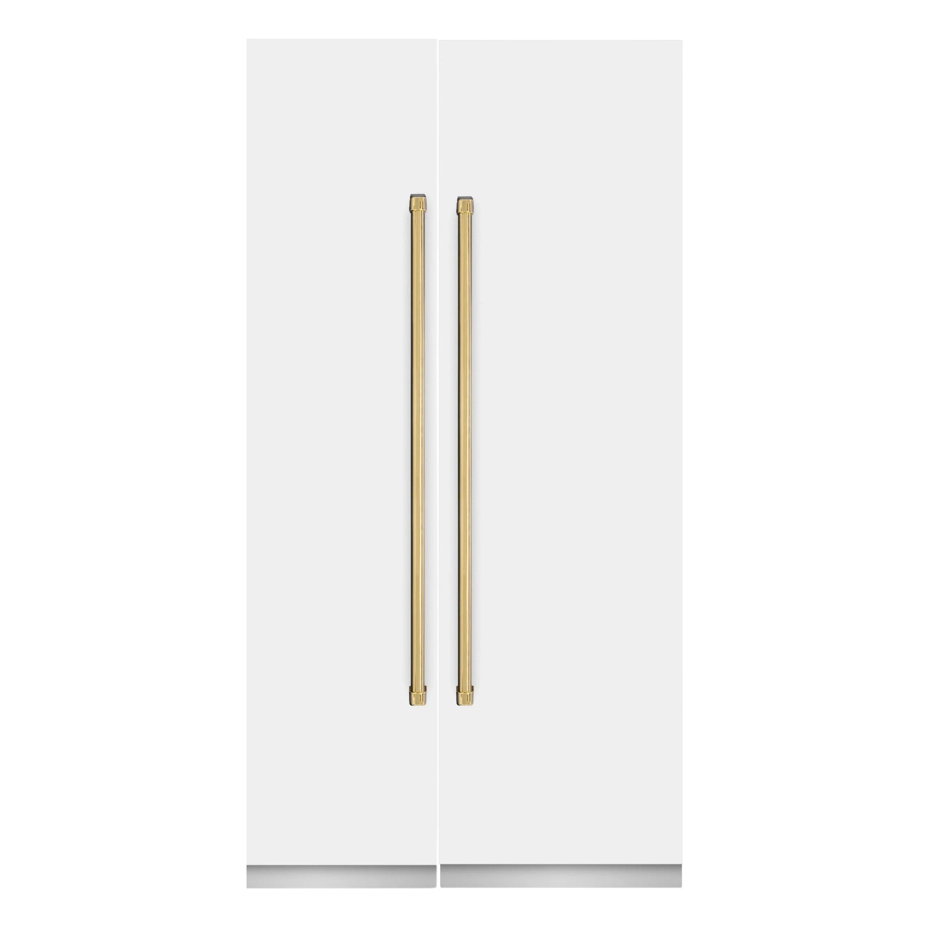 Matte white refrigerator door with two vertical gold handles