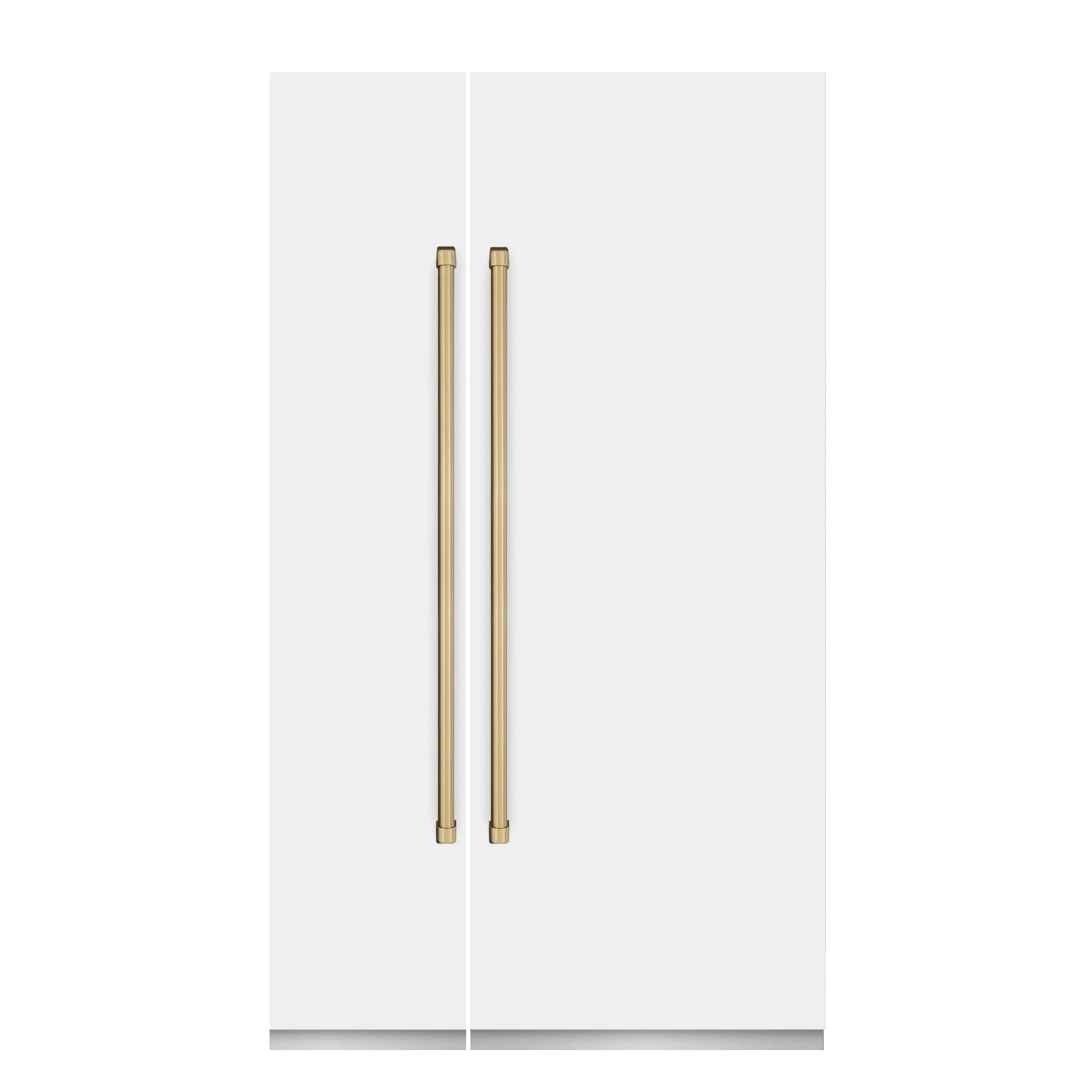 Matte white refrigerator door with two champagne bronze vertical handles